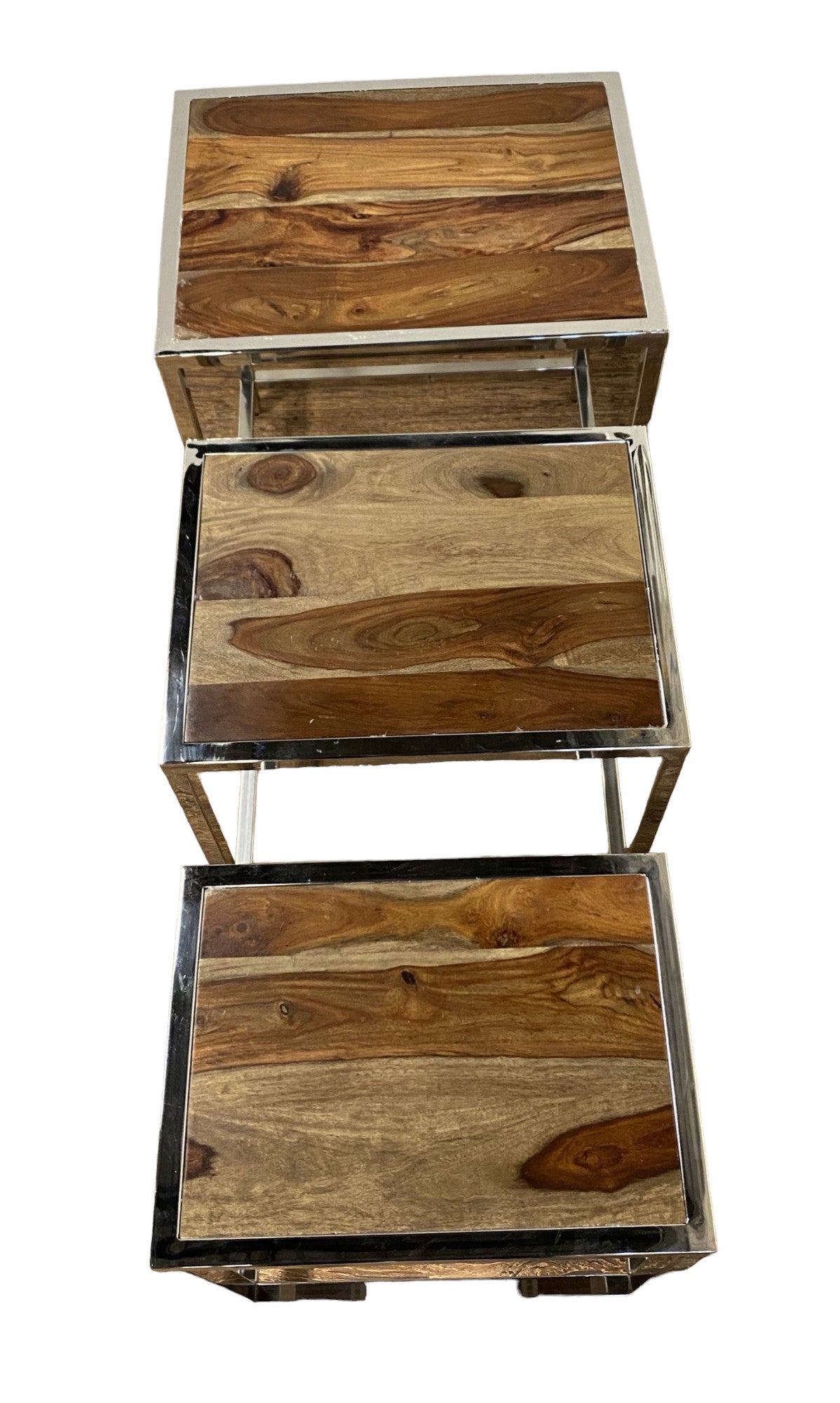 Set of Three 21" Silver And Brown Solid Wood Nested Tables-End-Side Tables-DECOROLALA
