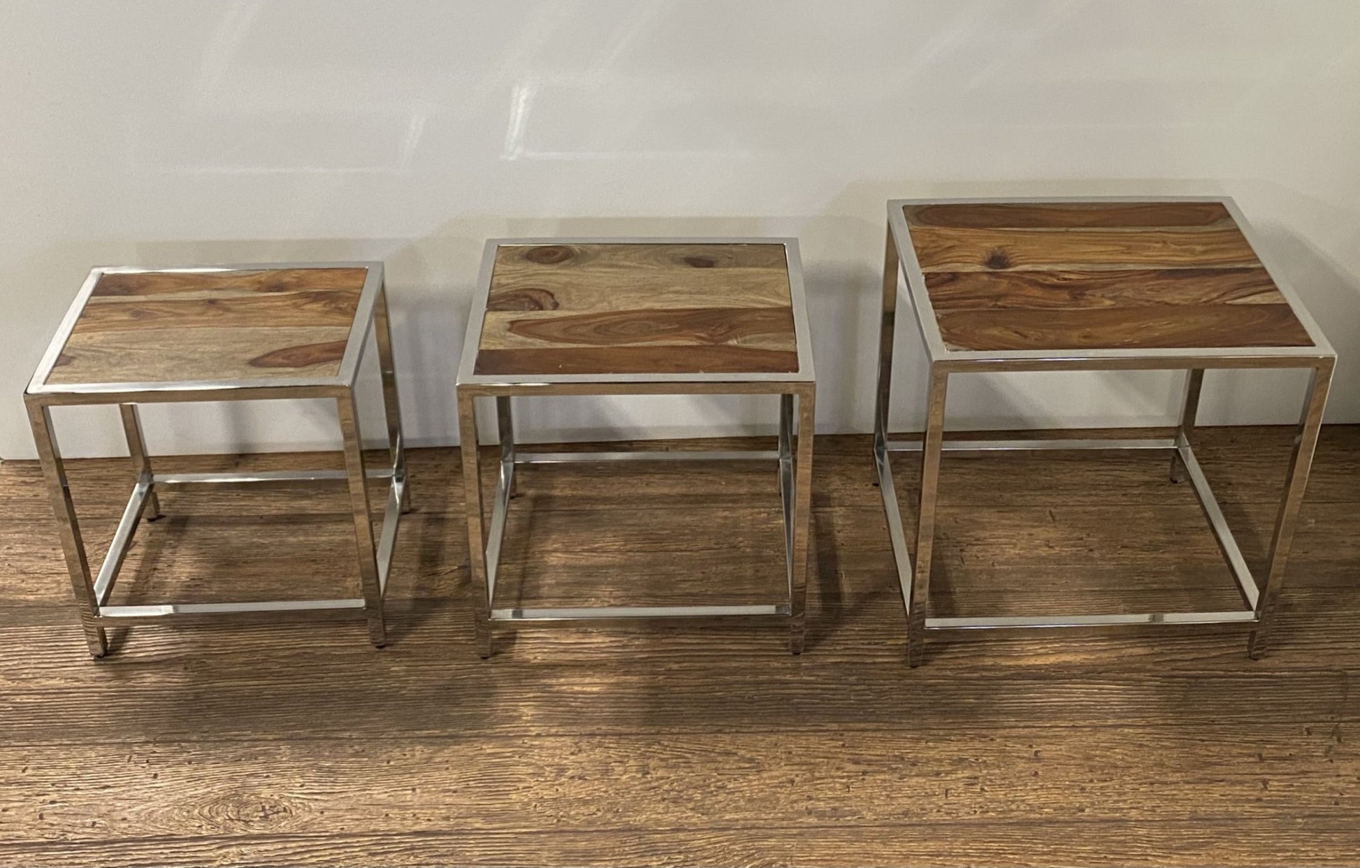 Set of Three 21" Silver And Brown Solid Wood Nested Tables-End-Side Tables-DECOROLALA
