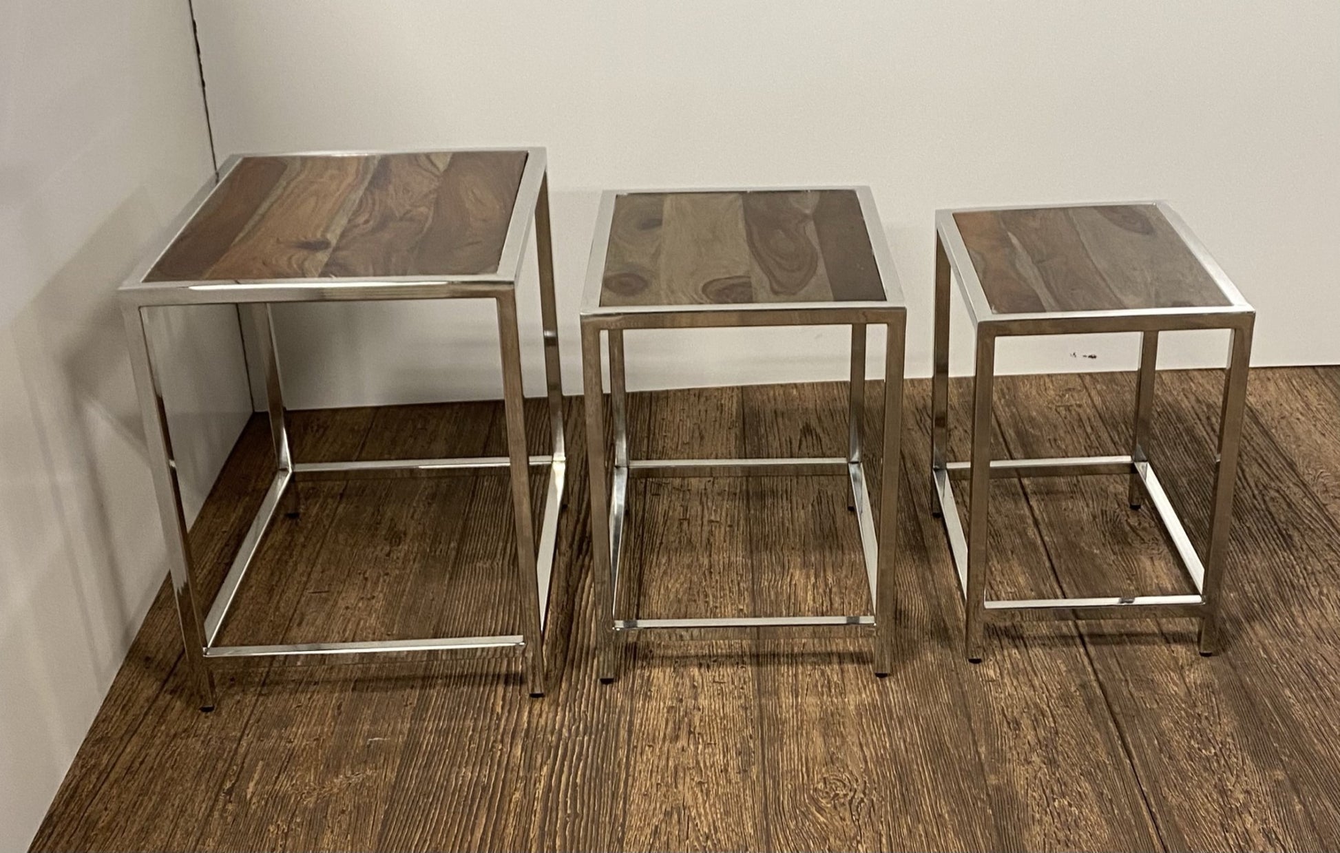 Set of Three 21" Silver And Brown Solid Wood Nested Tables-End-Side Tables-DECOROLALA
