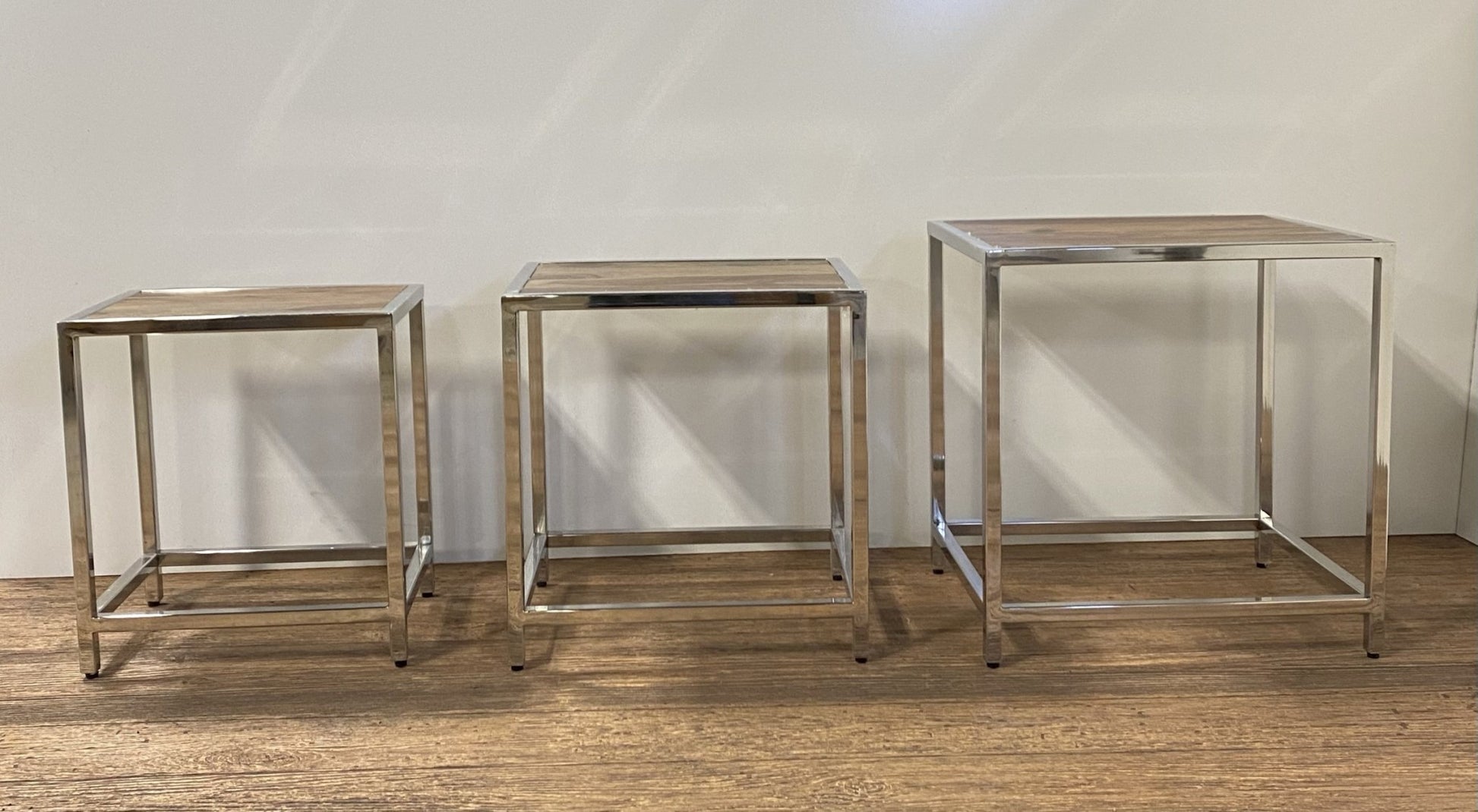 Set of Three 21" Silver And Brown Solid Wood Nested Tables-End-Side Tables-DECOROLALA