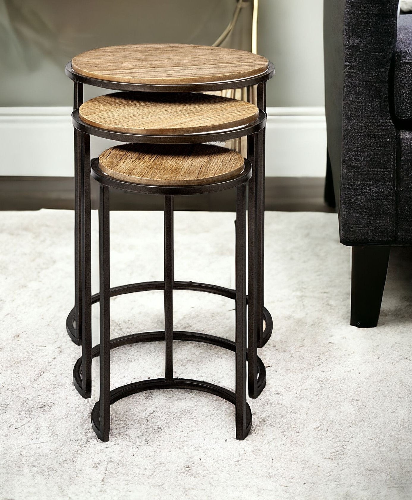 Set of Three 27" Black And Brown Solid Wood Round End Table-End-Side Tables-DECOROLALA