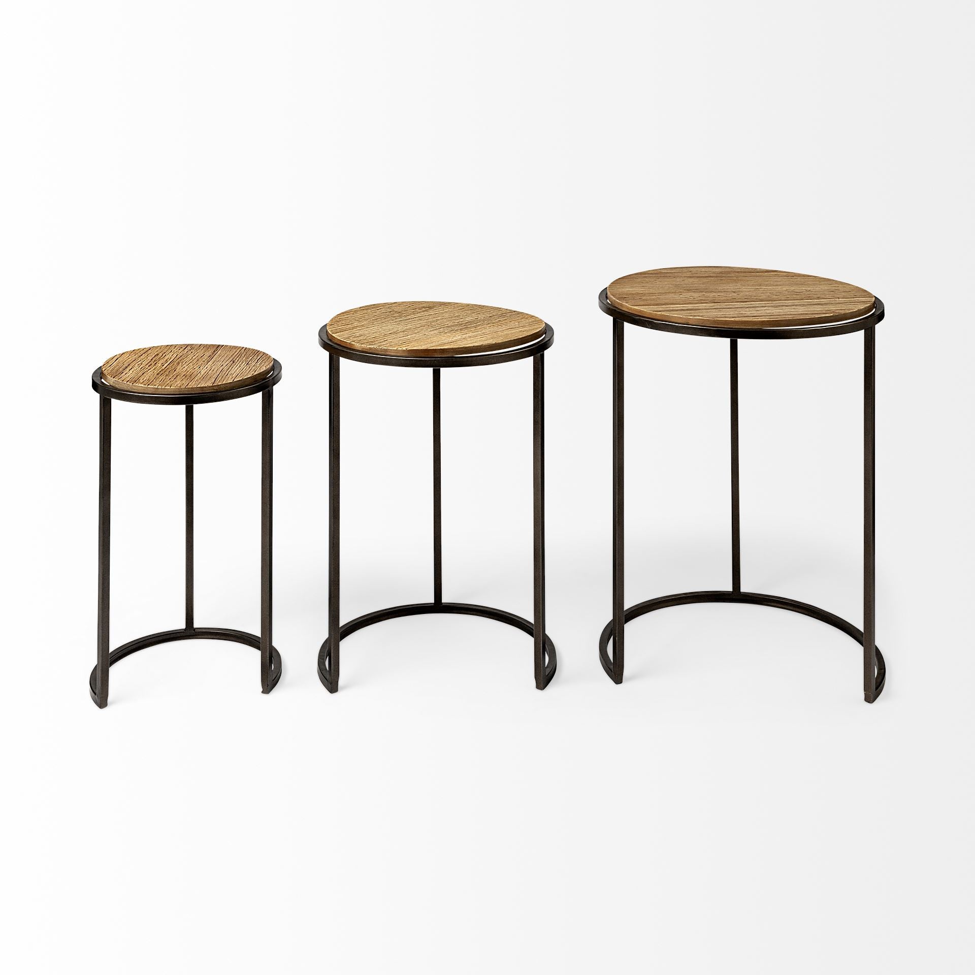 Set of Three 27" Black And Brown Solid Wood Round End Table-End-Side Tables-DECOROLALA