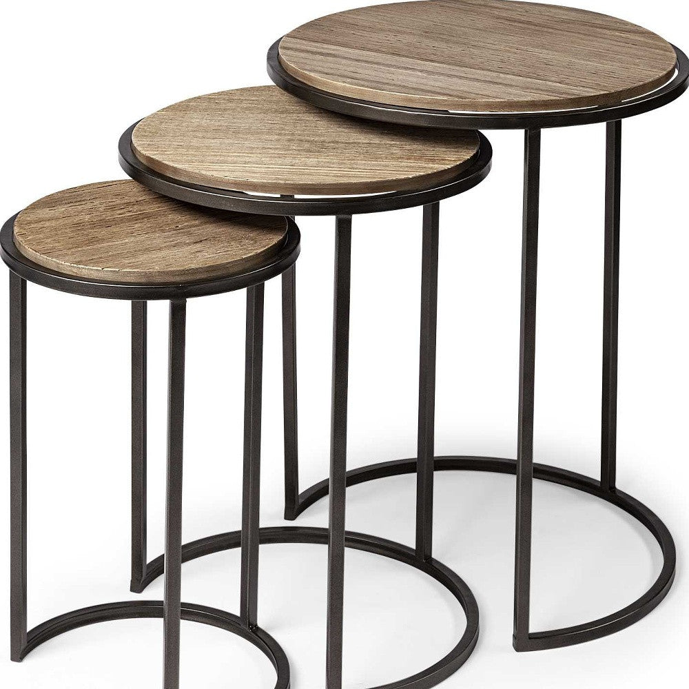 Set of Three 27" Black And Brown Solid Wood Round End Table-End-Side Tables-DECOROLALA