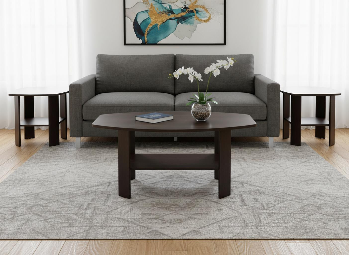 Set of Three 36" Brown Coffee Table With Shelf-Coffee Tables-DECOROLALA