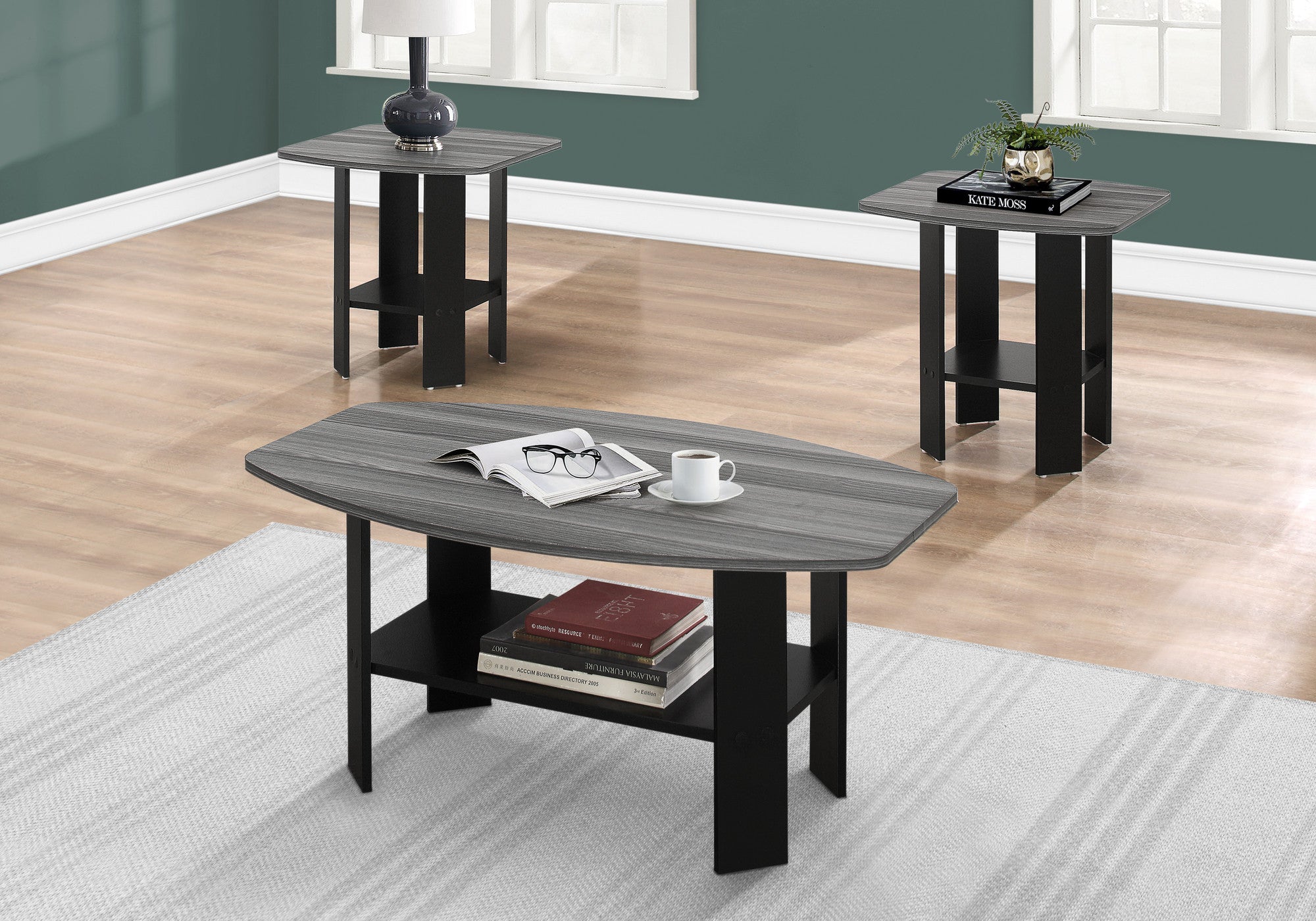 Set of Three 36" Gray And Black Wood Coffee Table With Shelf-Coffee Tables-DECOROLALA