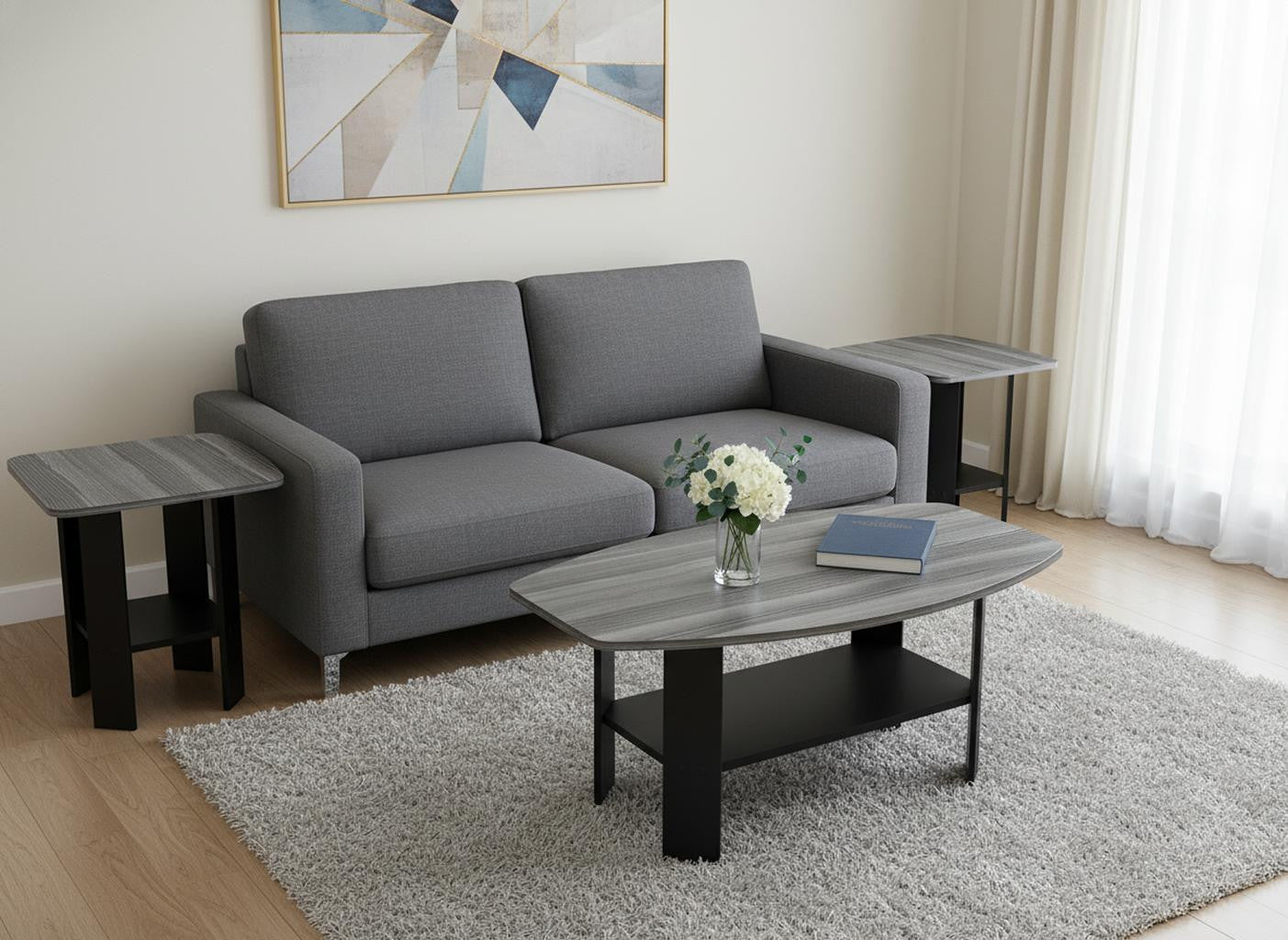 Set of Three 36" Gray And Black Wood Coffee Table With Shelf-Coffee Tables-DECOROLALA