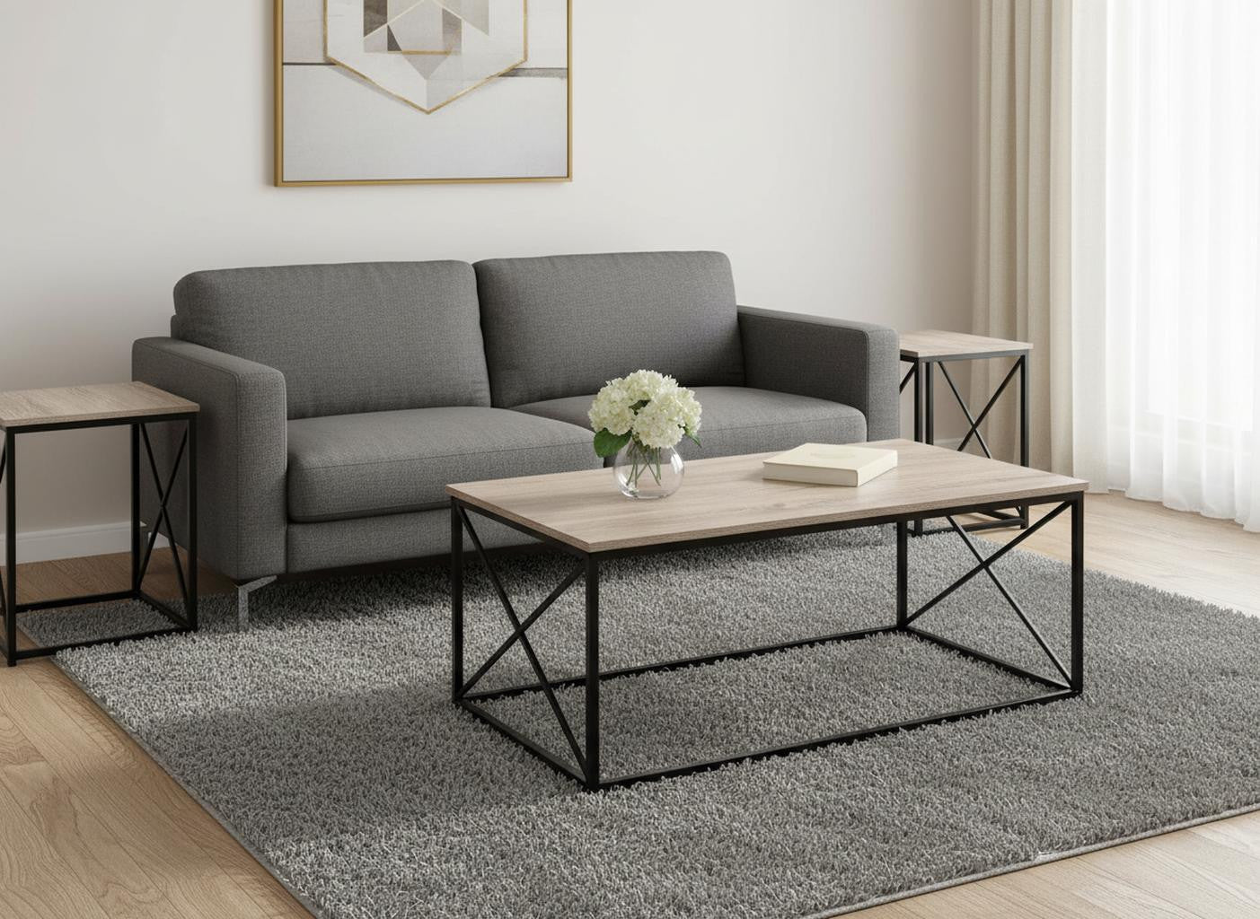 Set of Three 42" Beige And Black Metal Coffee Table-Coffee Tables-DECOROLALA