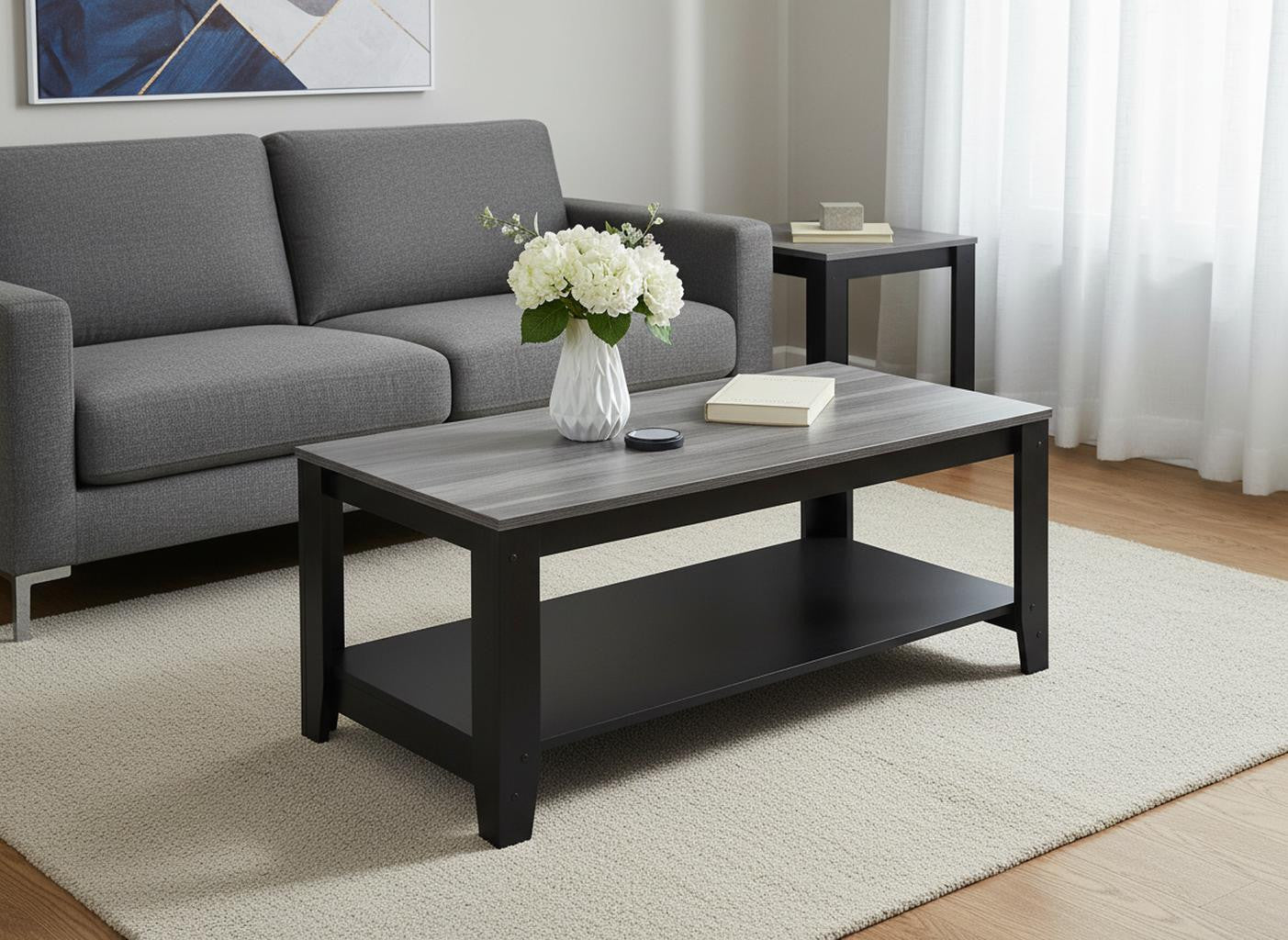 Set of Three 42" Gray And Black Coffee Table With Shelf-Coffee Tables-DECOROLALA