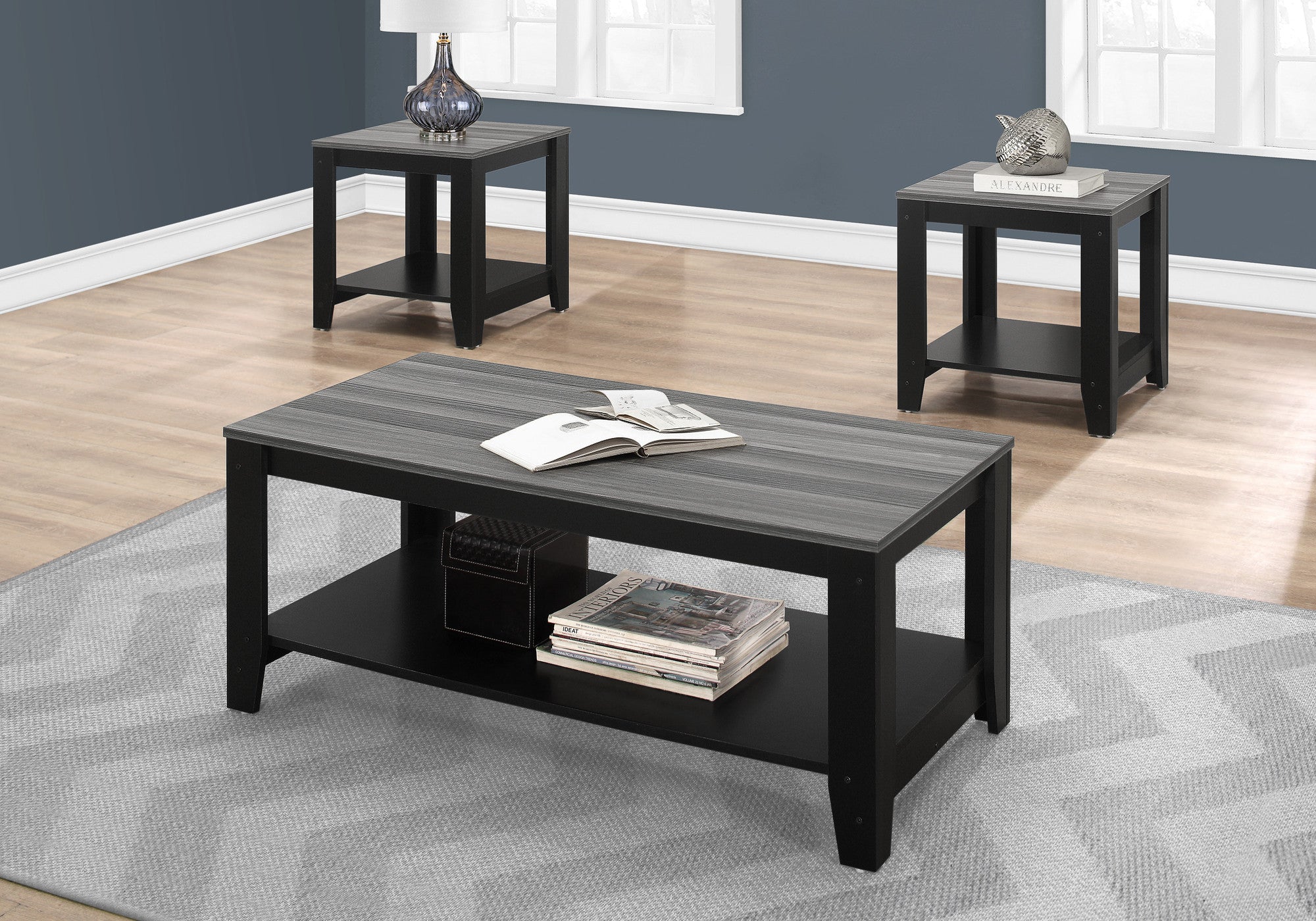 Set of Three 42" Gray And Black Coffee Table With Shelf-Coffee Tables-DECOROLALA