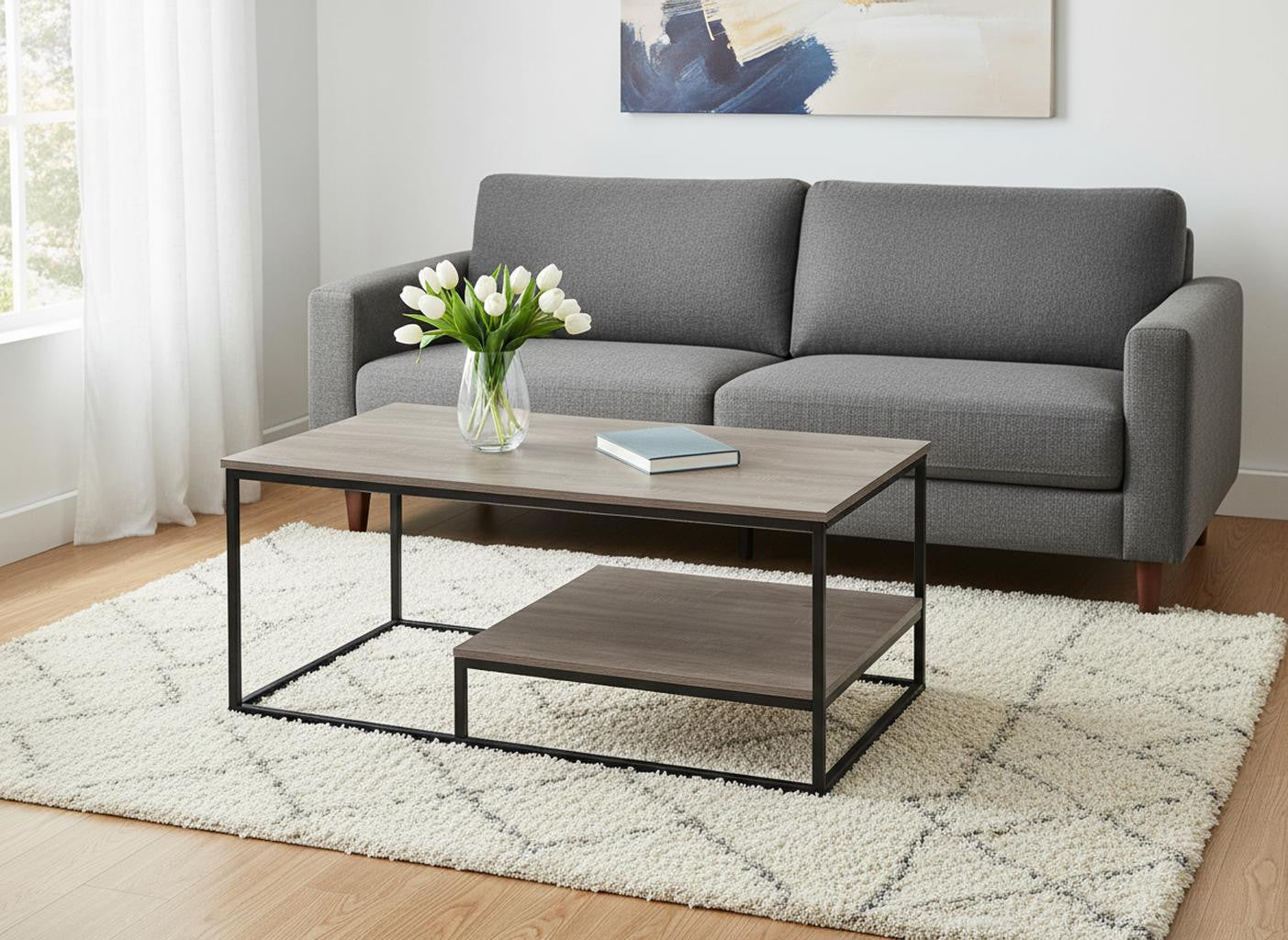 Set of Three 42" Taupe And Black Metal Coffee Table With Shelf-Coffee Tables-DECOROLALA