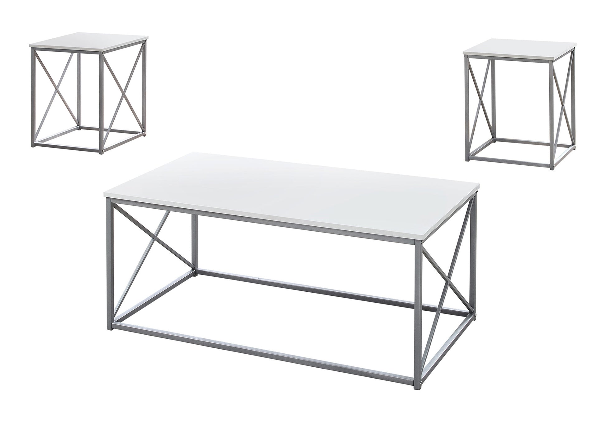 Set of Three 42" White And Silver Metal Coffee Table-Coffee Tables-DECOROLALA