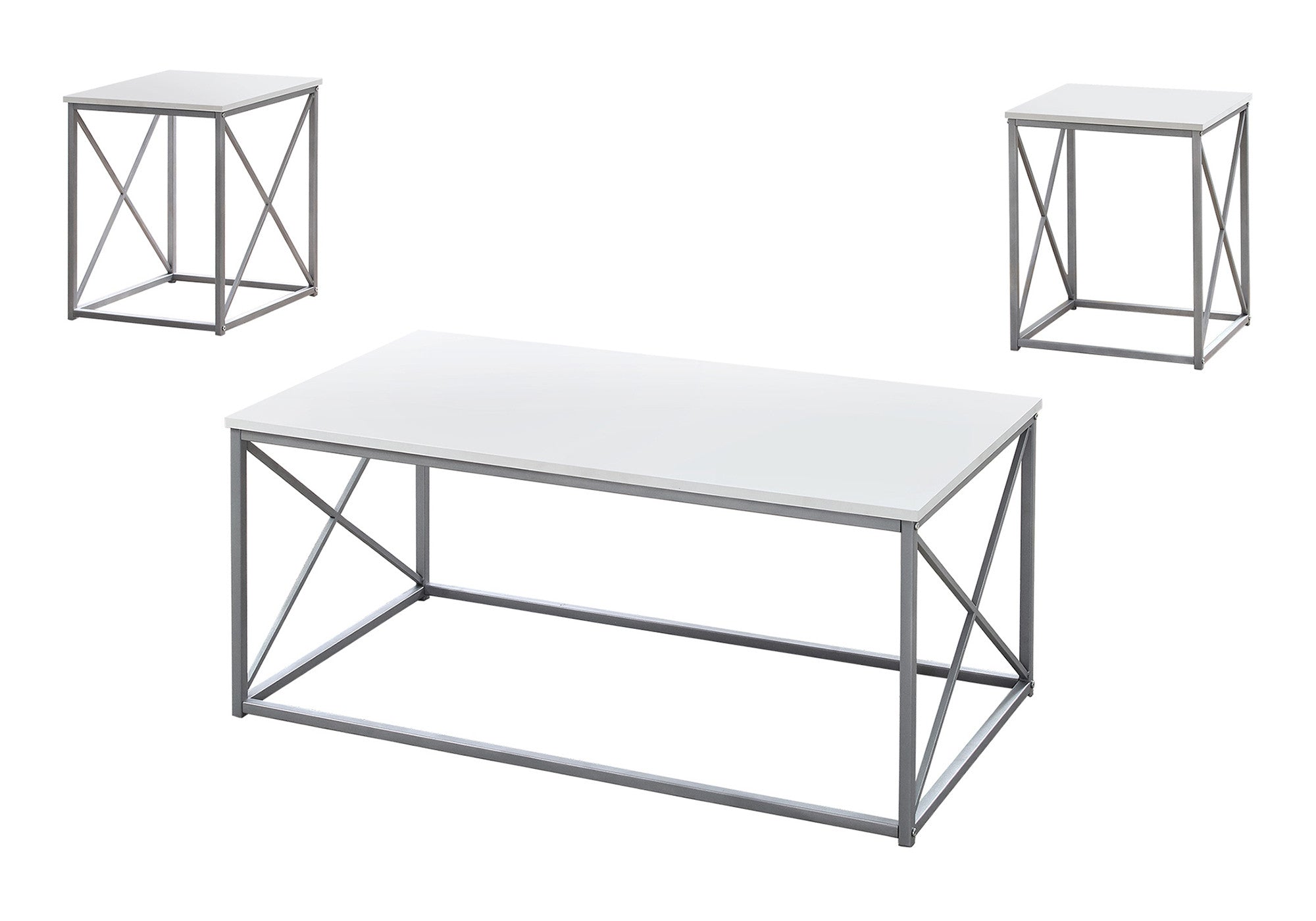 Set of Three 42" White And Silver Metal Coffee Table-Coffee Tables-DECOROLALA