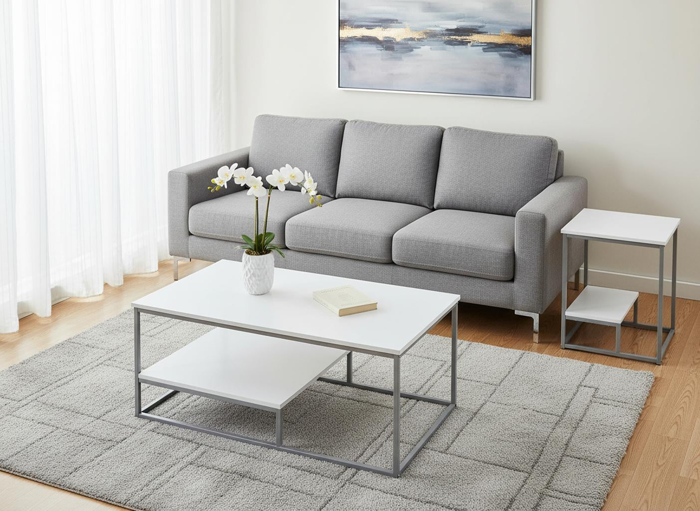 Set of Three 42" White And Silver Metal Coffee Table With Shelf-Coffee Tables-DECOROLALA