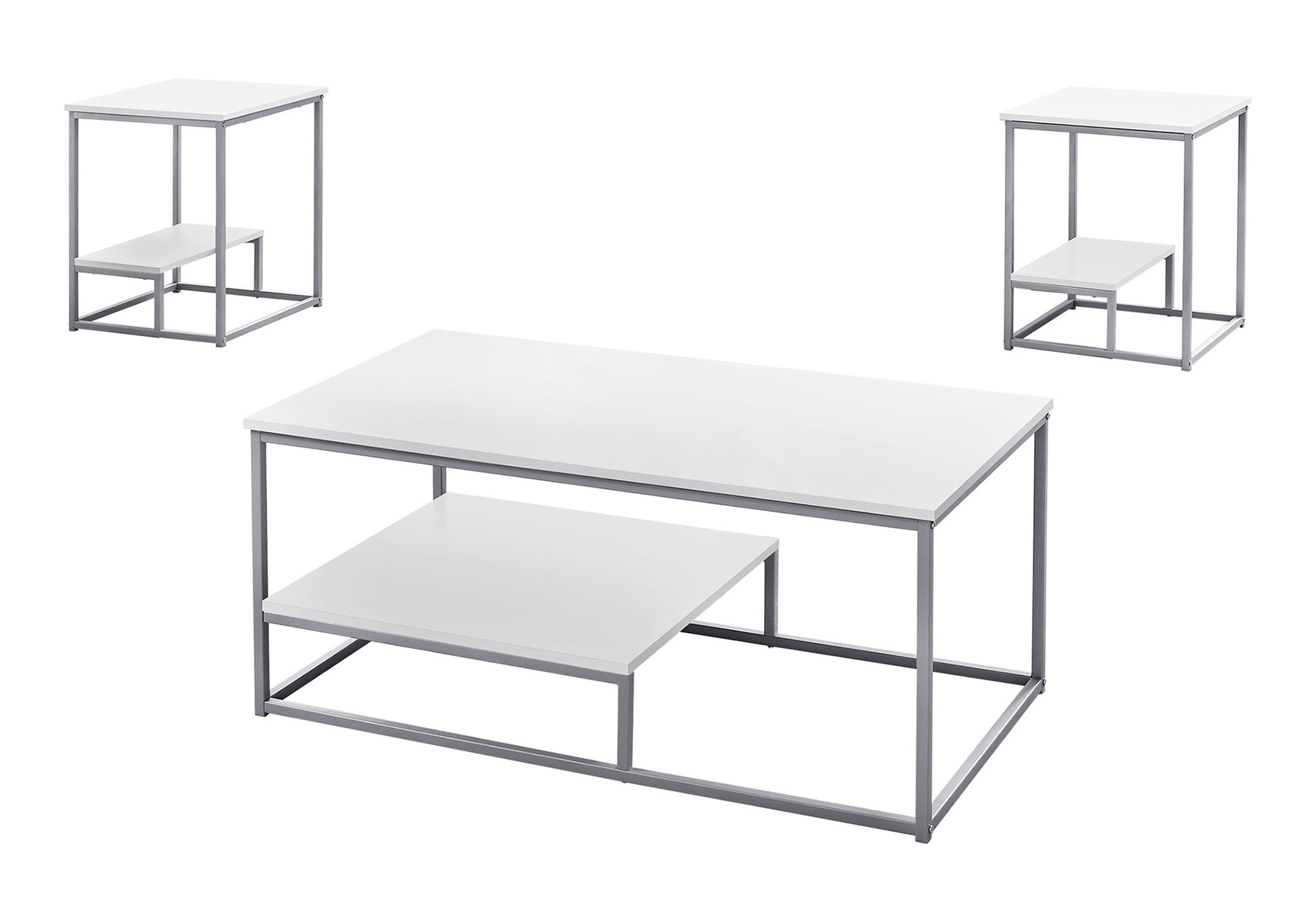 Set of Three 42" White And Silver Metal Coffee Table With Shelf-Coffee Tables-DECOROLALA