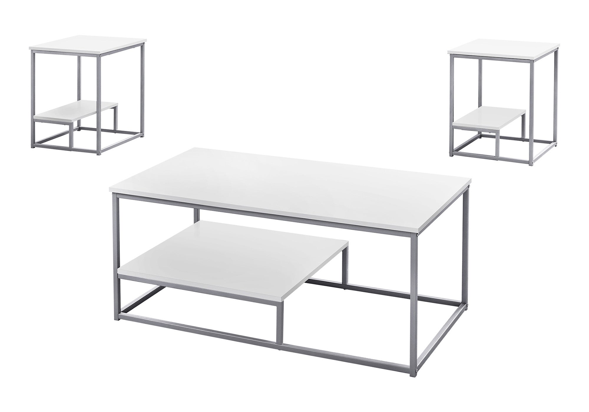 Set of Three 42" White And Silver Metal Coffee Table With Shelf-Coffee Tables-DECOROLALA