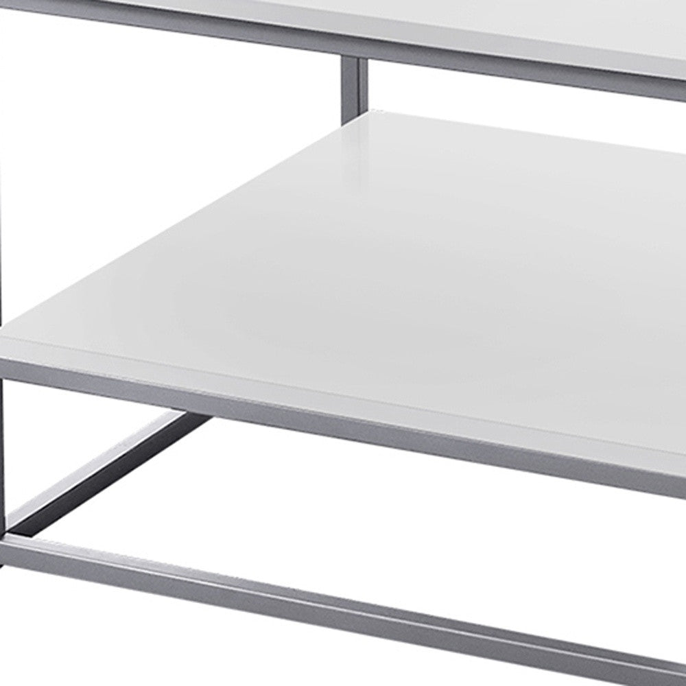 Set of Three 42" White And Silver Metal Coffee Table With Shelf-Coffee Tables-DECOROLALA