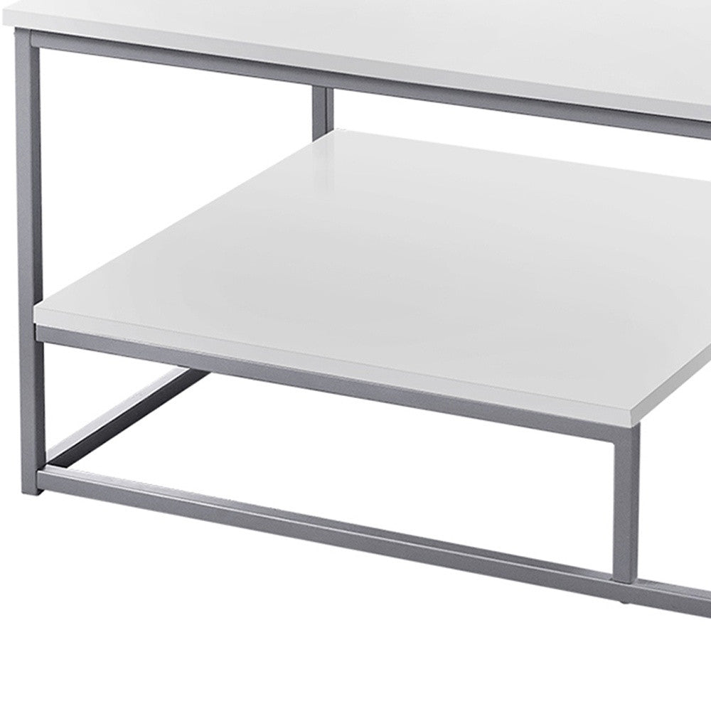 Set of Three 42" White And Silver Metal Coffee Table With Shelf-Coffee Tables-DECOROLALA