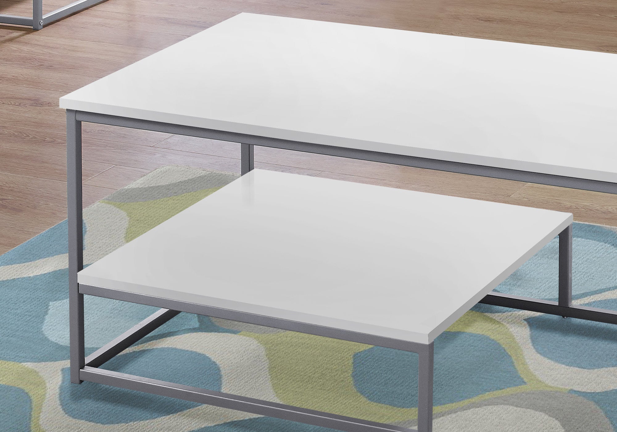 Set of Three 42" White And Silver Metal Coffee Table With Shelf-Coffee Tables-DECOROLALA