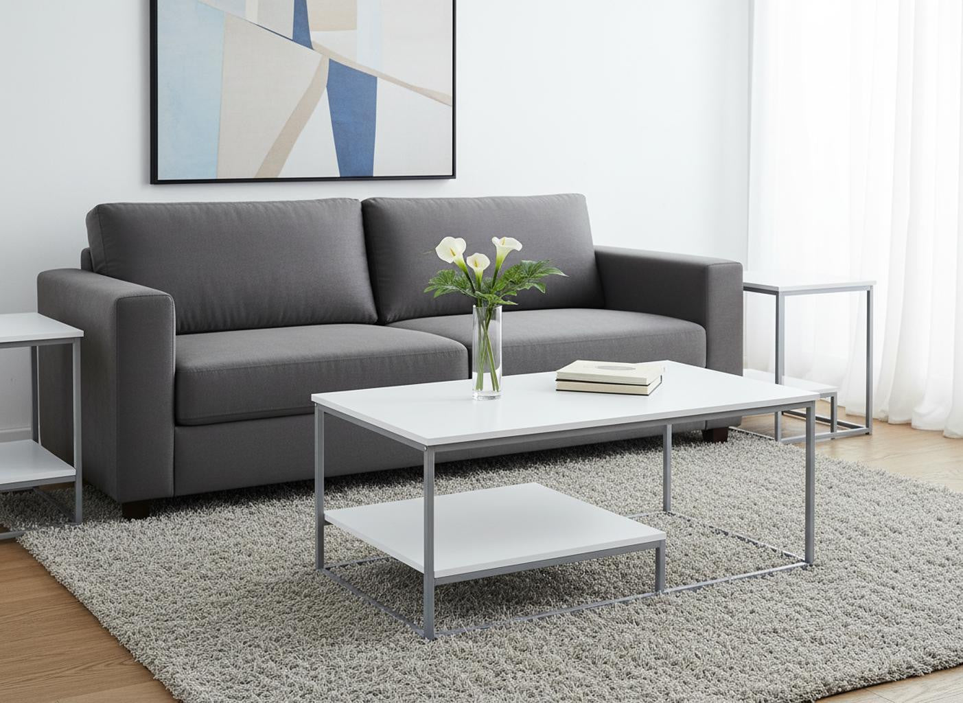 Set of Three 42" White And Silver Metal Coffee Table With Shelf-Coffee Tables-DECOROLALA