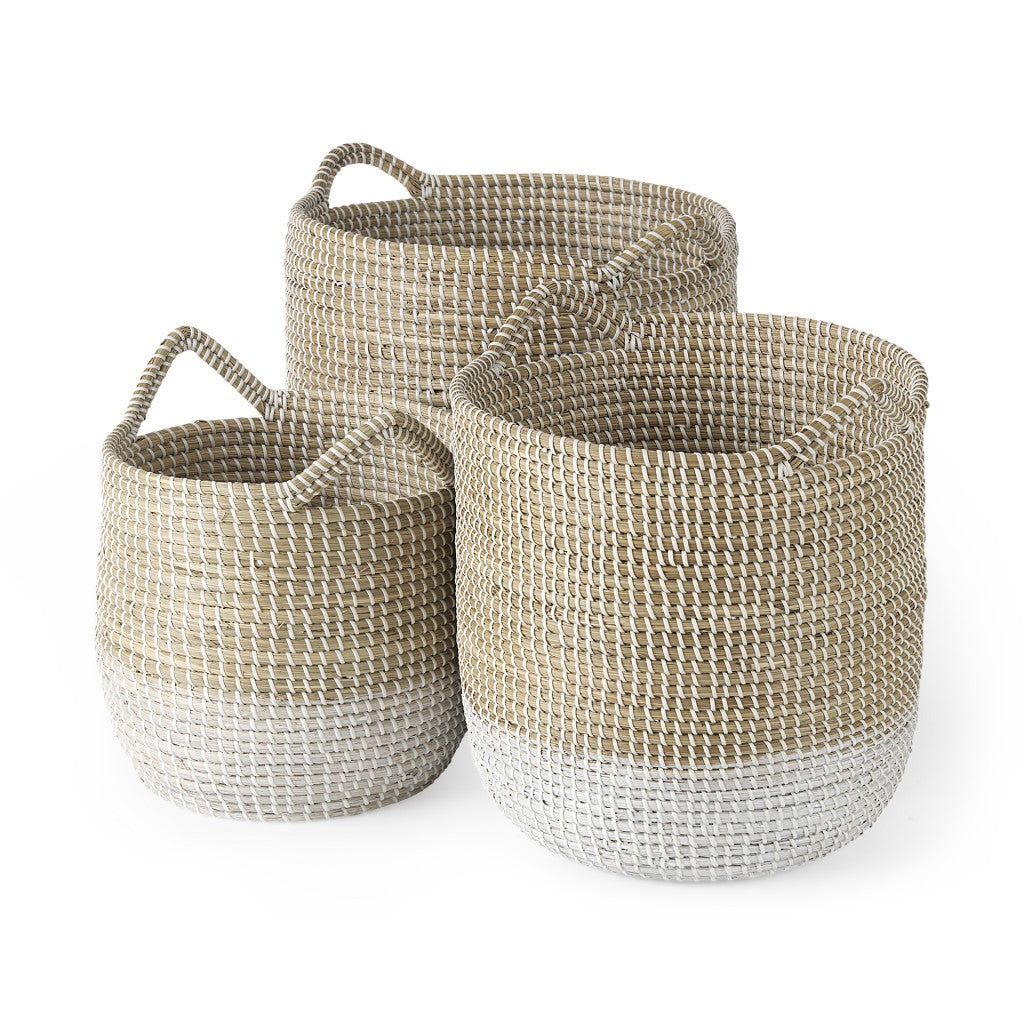 Set of Three Beige And White Wicker Desk Organizer-Organizers-DECOROLALA