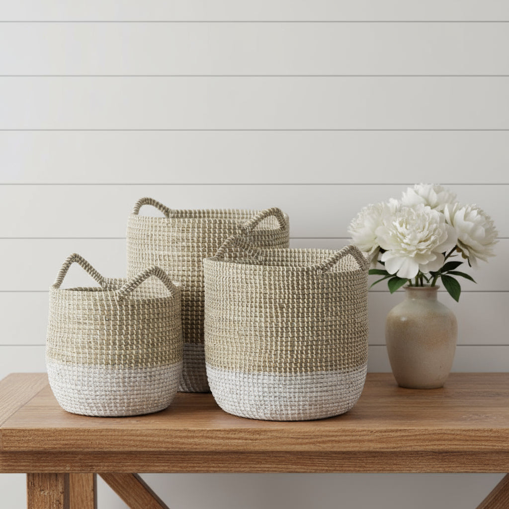 Set of Three Beige And White Wicker Desk Organizer-Organizers-DECOROLALA