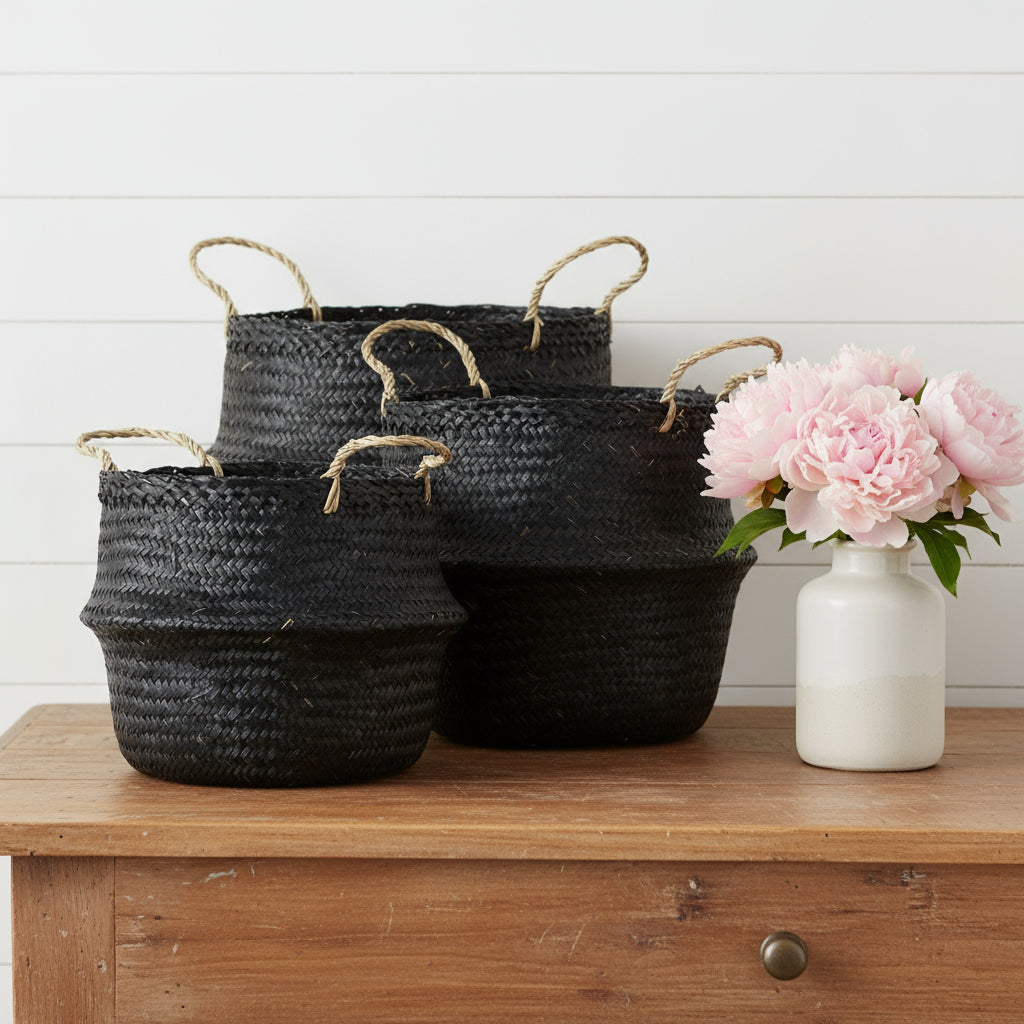 Set of Three Black Wicker Basket-Organizers-DECOROLALA