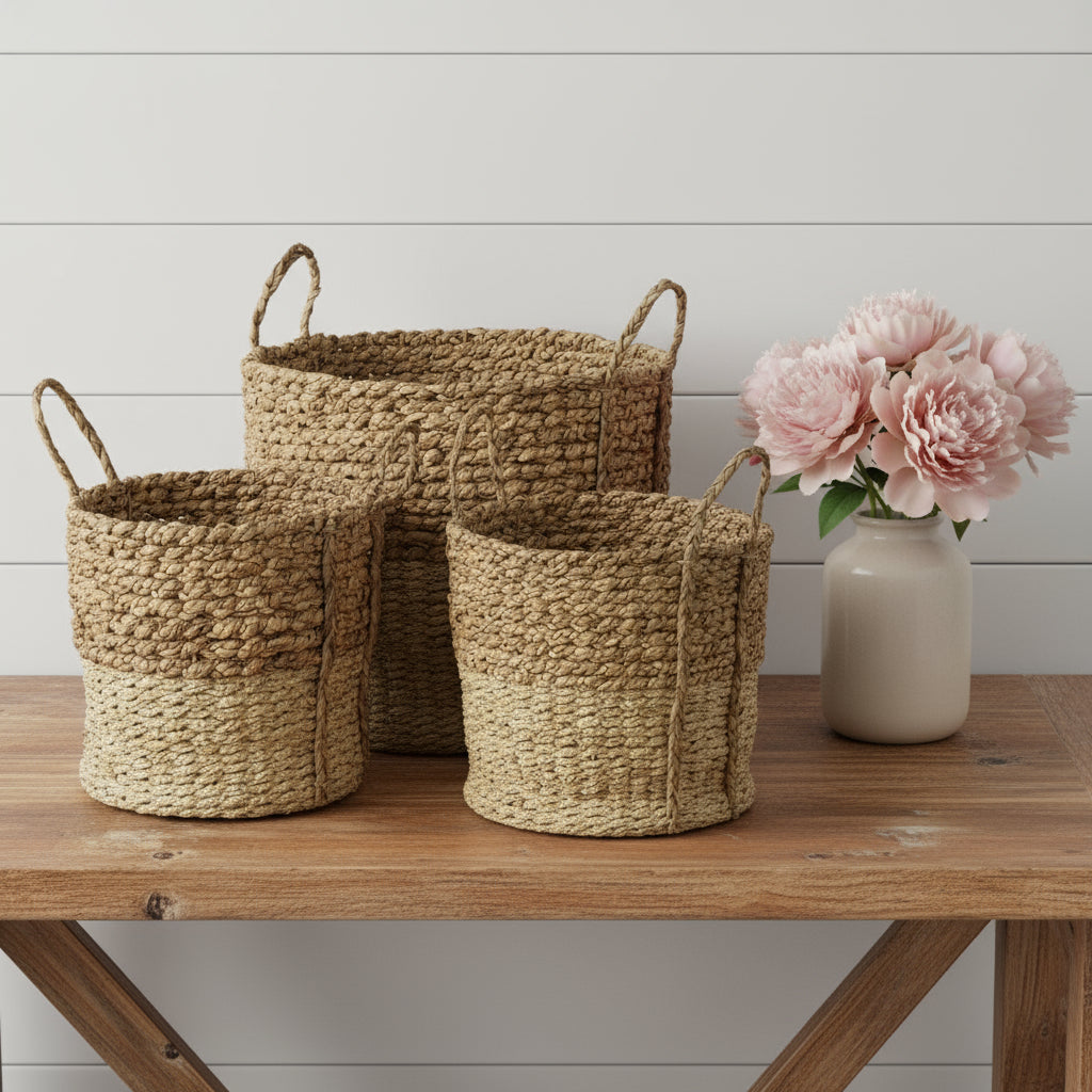 Set of Three Brown Wicker Basket-Organizers-DECOROLALA