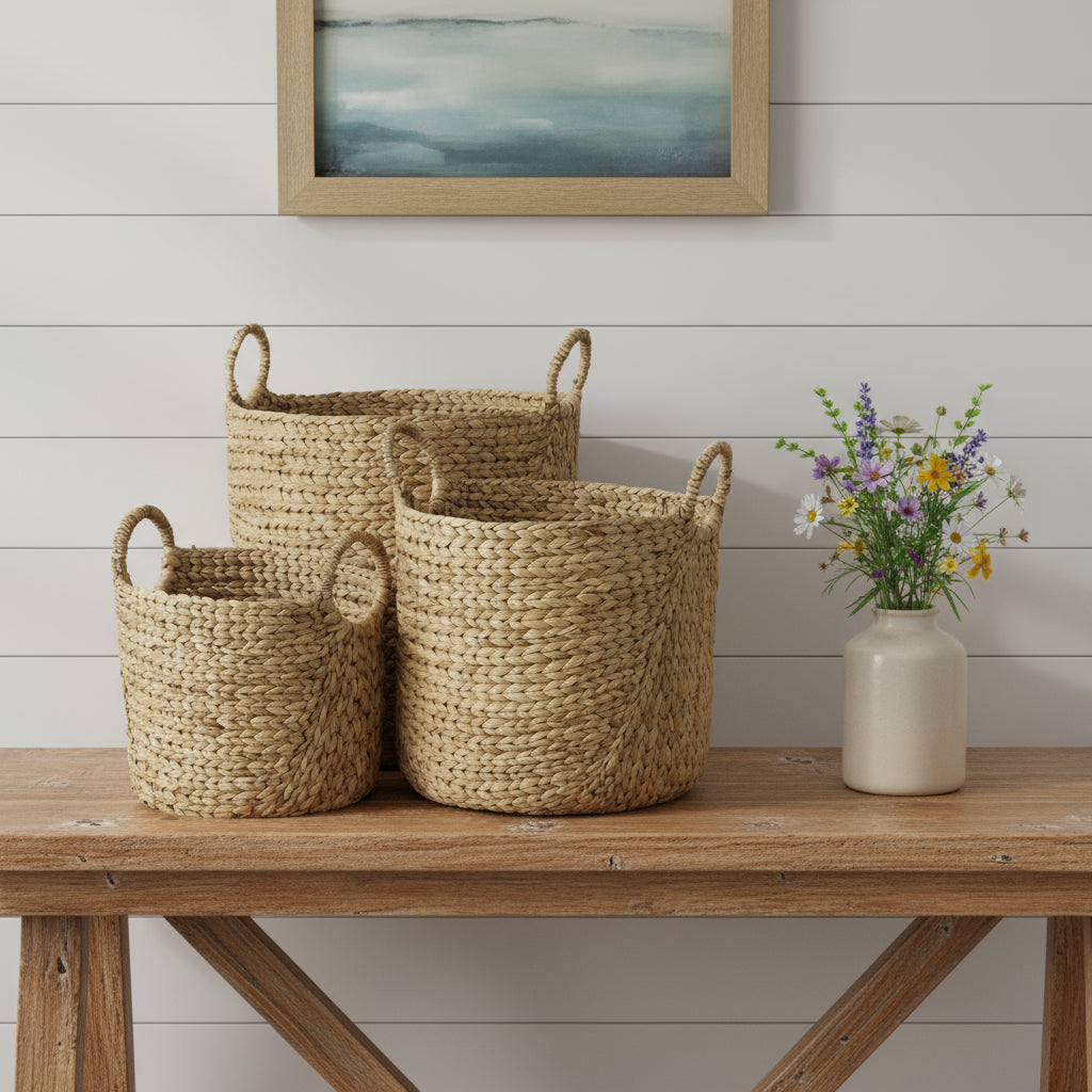 Set of Three Brown Wicker Basket-Organizers-DECOROLALA