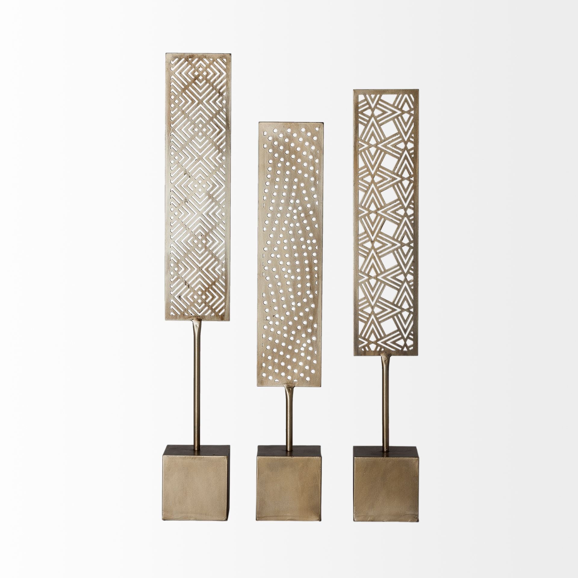 Set of Three Gold Metal Modern Abstract Tabletop Sculpture-Sculptures-DECOROLALA