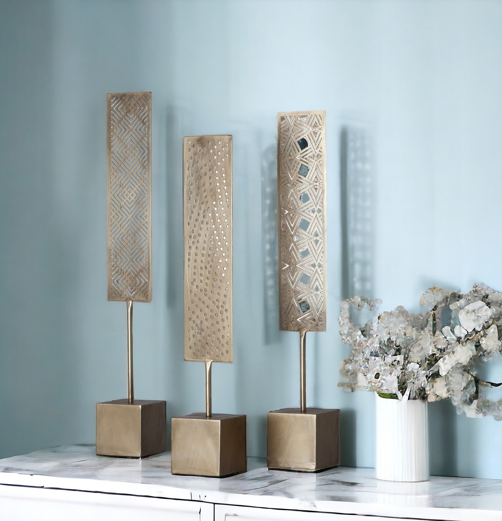 Set of Three Gold Metal Modern Abstract Tabletop Sculpture-Sculptures-DECOROLALA