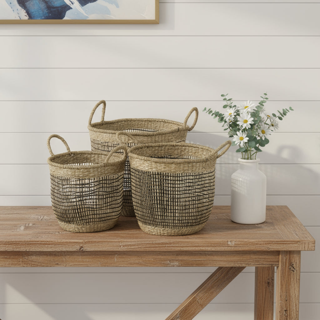 Set of Three Light Brown Wicker Basket-Organizers-DECOROLALA