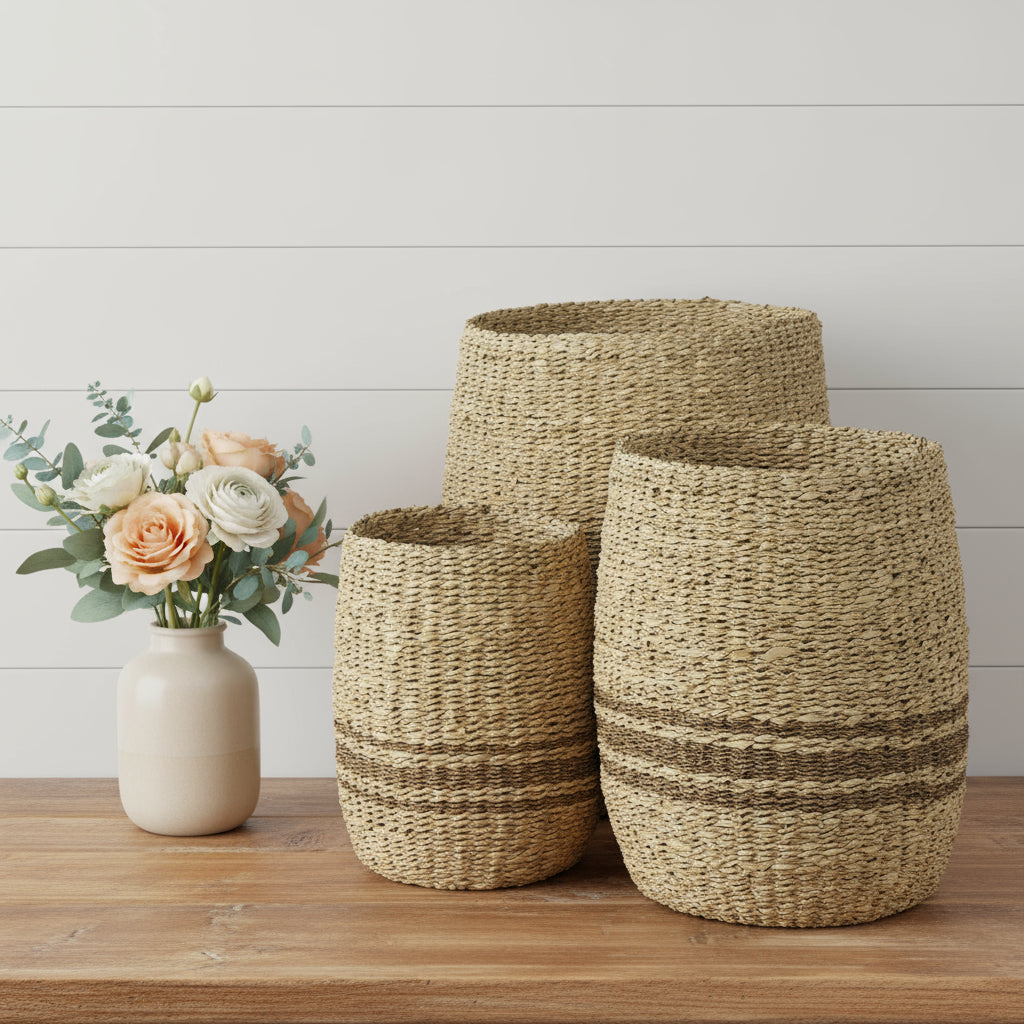 Set of Three Natural And Brown Wicker Basket-Organizers-DECOROLALA