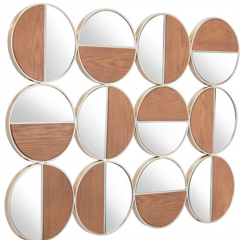 Set of Twelve Gold and Walnut Round Steel Framed Accent Mirror-Mirrors-DECOROLALA