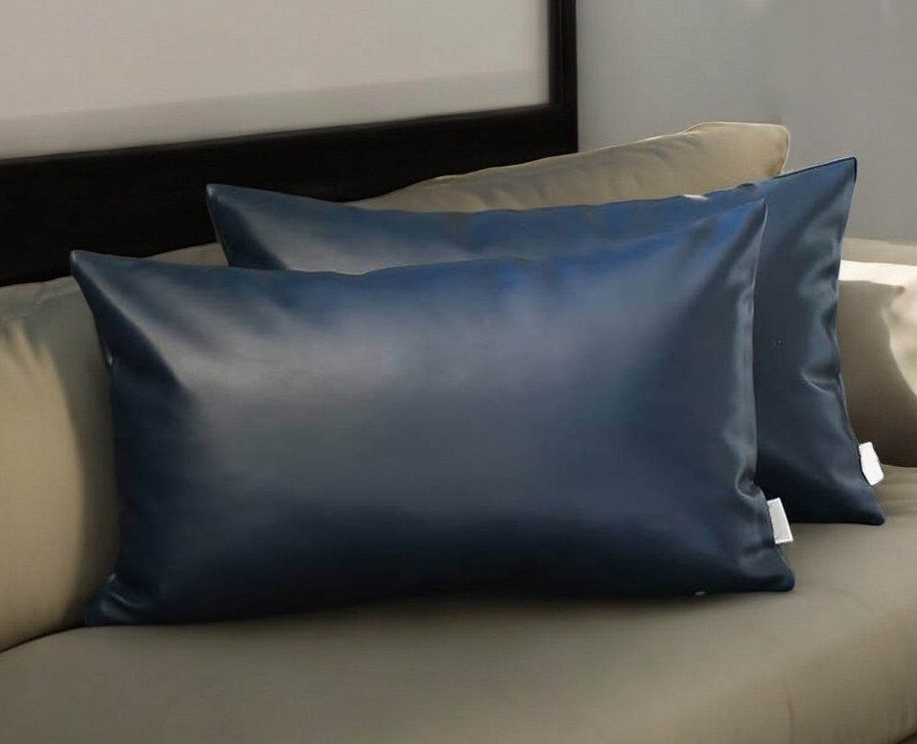 Set of Two 10" X 12" Navy Blue Faux Leather Lumbar Throw Pillow-Accent Throw Pillows-DECOROLALA