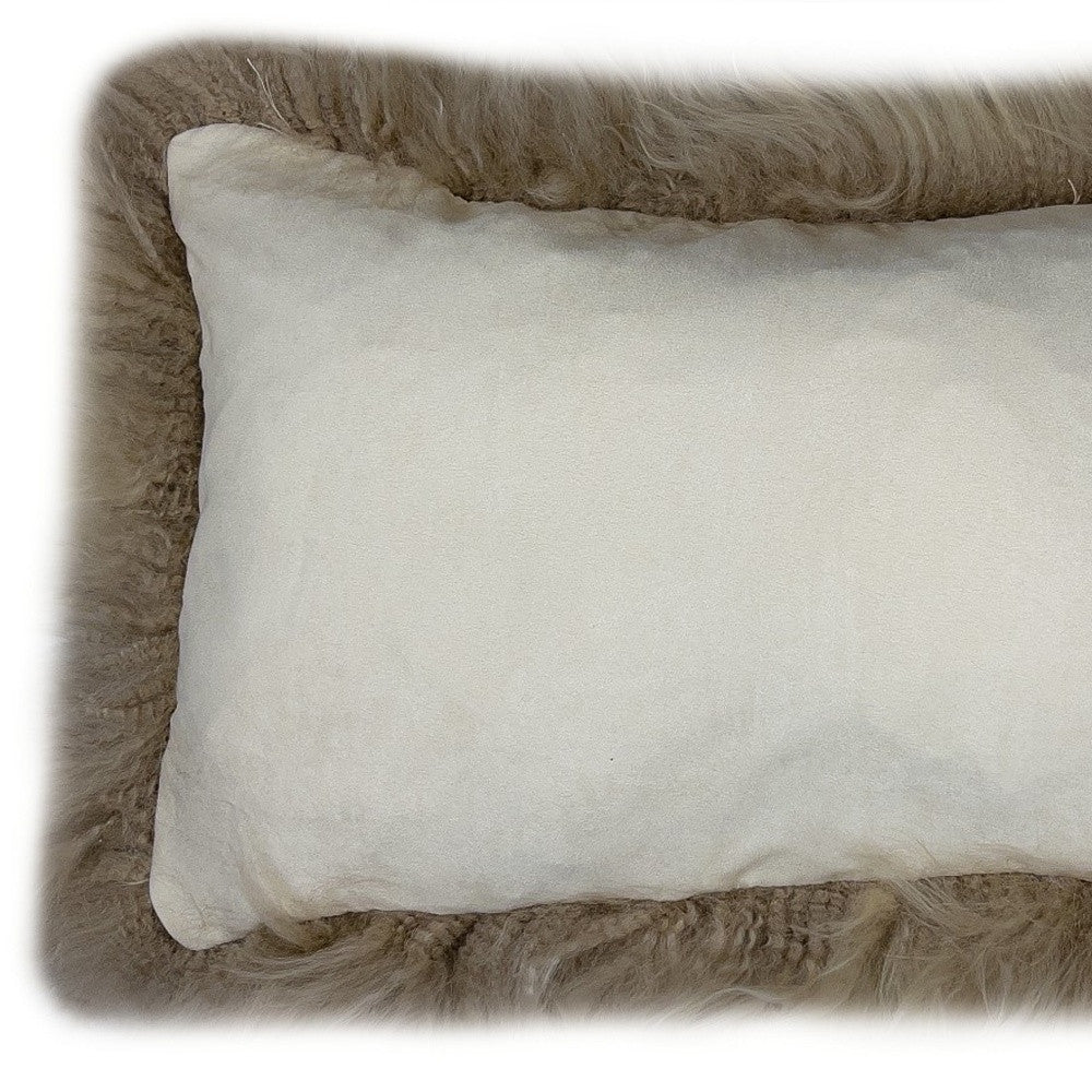 Set of Two 12" X 20" Taupe Sheepskin Lumbar Throw Pillows-Accent Throw Pillows-DECOROLALA