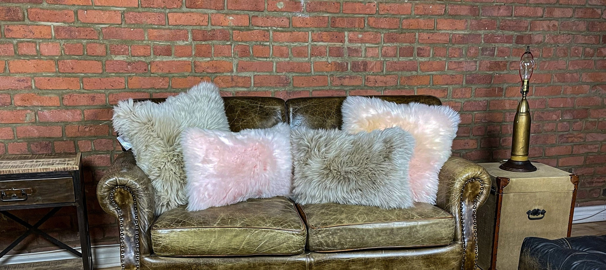 Set of Two 12" X 20" Taupe Sheepskin Lumbar Throw Pillows-Accent Throw Pillows-DECOROLALA