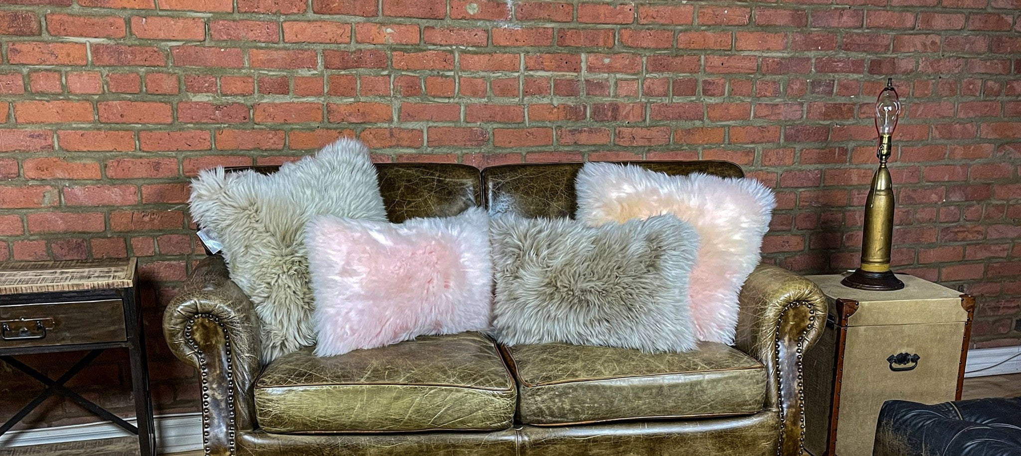 Set of Two 12" X 20" Taupe Sheepskin Lumbar Throw Pillows-Accent Throw Pillows-DECOROLALA