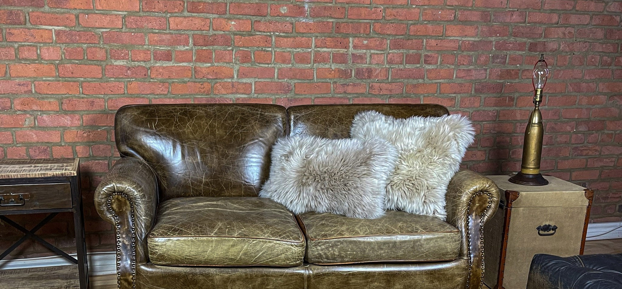 Set of Two 12" X 20" Taupe Sheepskin Lumbar Throw Pillows-Accent Throw Pillows-DECOROLALA