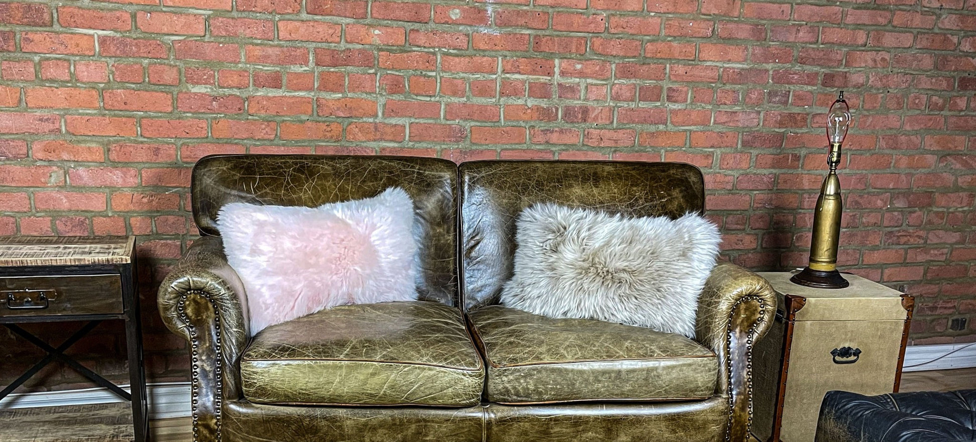 Set of Two 12" X 20" Taupe Sheepskin Lumbar Throw Pillows-Accent Throw Pillows-DECOROLALA