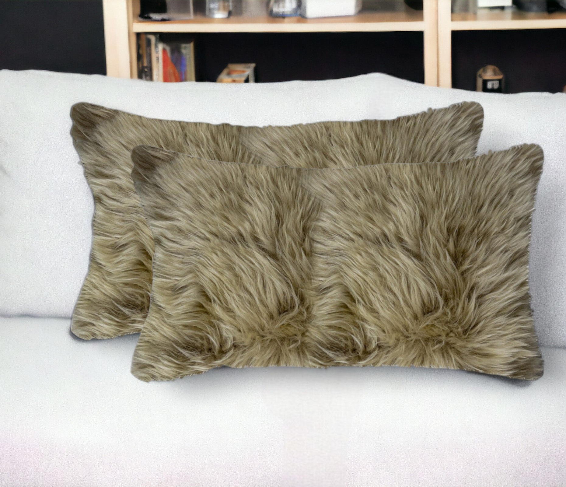 Set of Two 12" X 20" Taupe Sheepskin Lumbar Throw Pillows-Accent Throw Pillows-DECOROLALA