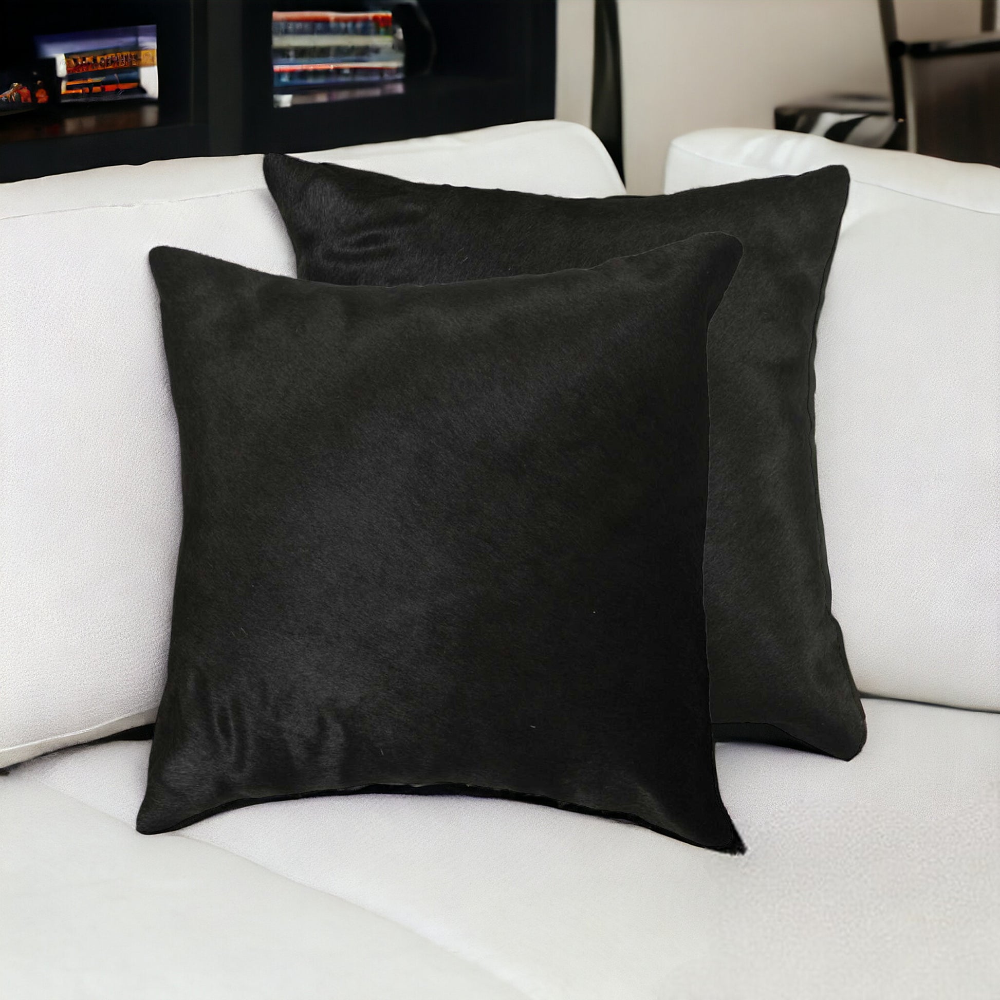 Set of Two 18" Black Cowhide Throw Pillows-Accent Throw Pillows-DECOROLALA