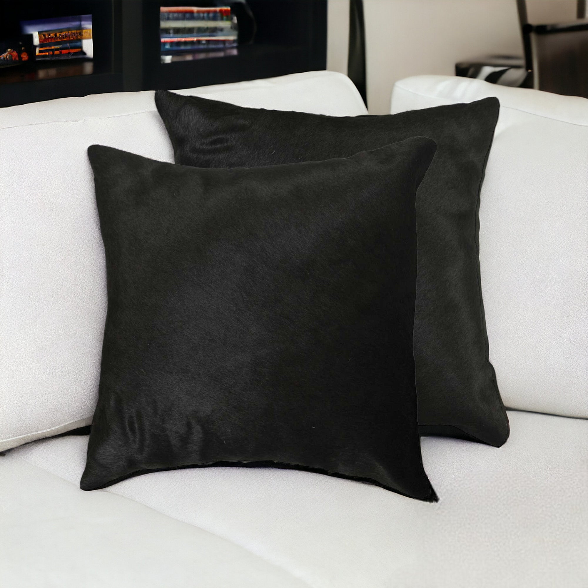 Set of Two 18" Black Cowhide Throw Pillows-Accent Throw Pillows-DECOROLALA