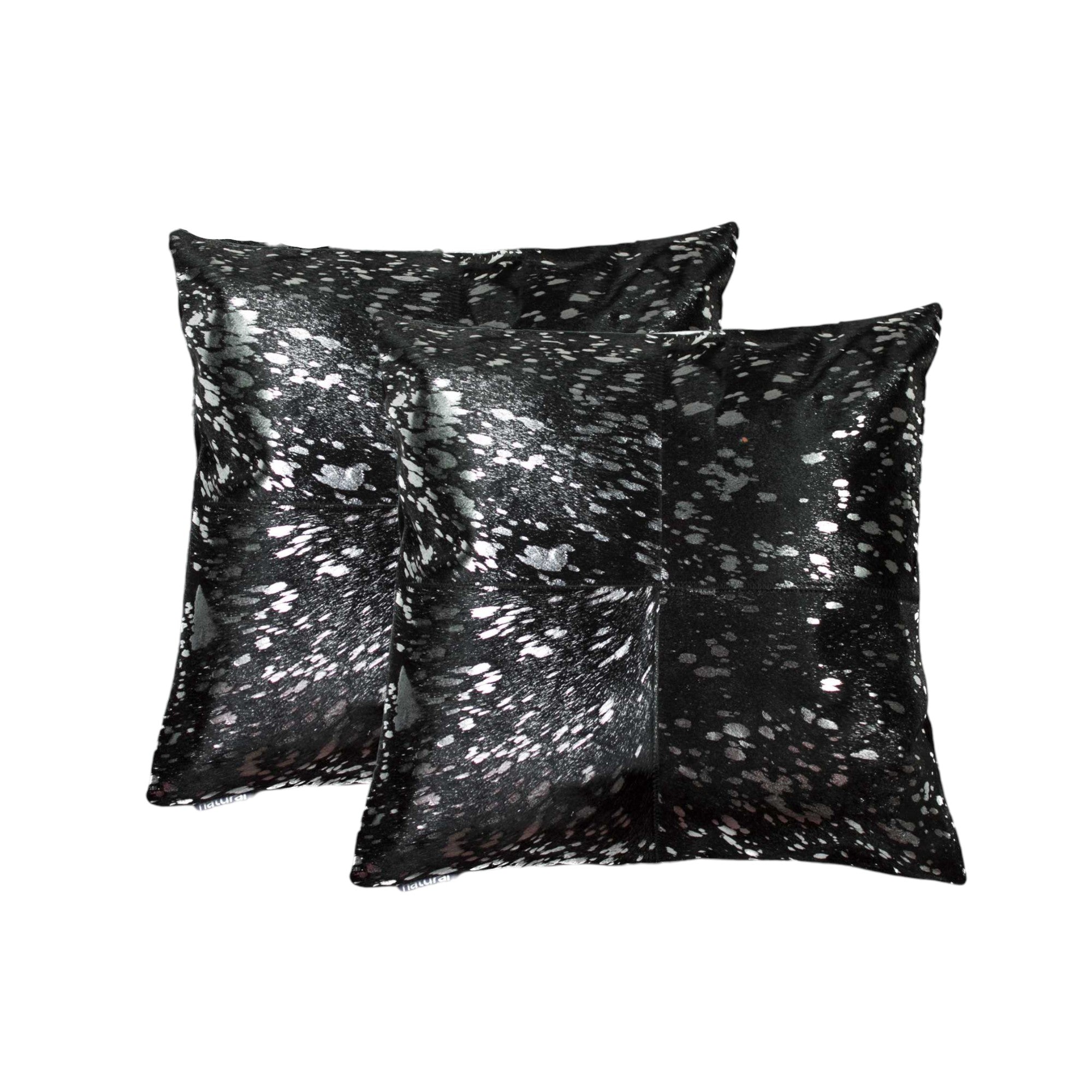 Set of Two 18" Black and Silver Cowhide Throw Pillow-Accent Throw Pillows-DECOROLALA