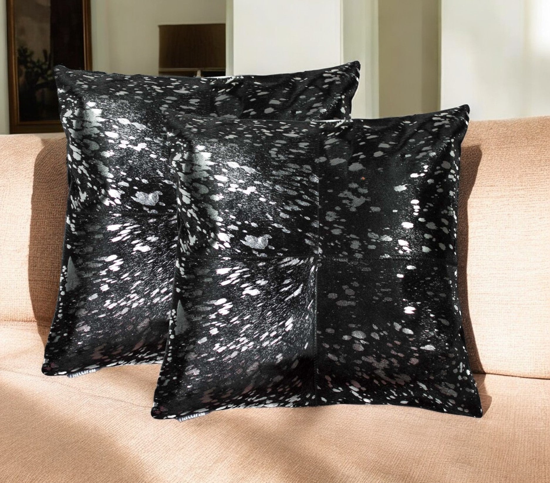 Set of Two 18" Black and Silver Cowhide Throw Pillow-Accent Throw Pillows-DECOROLALA
