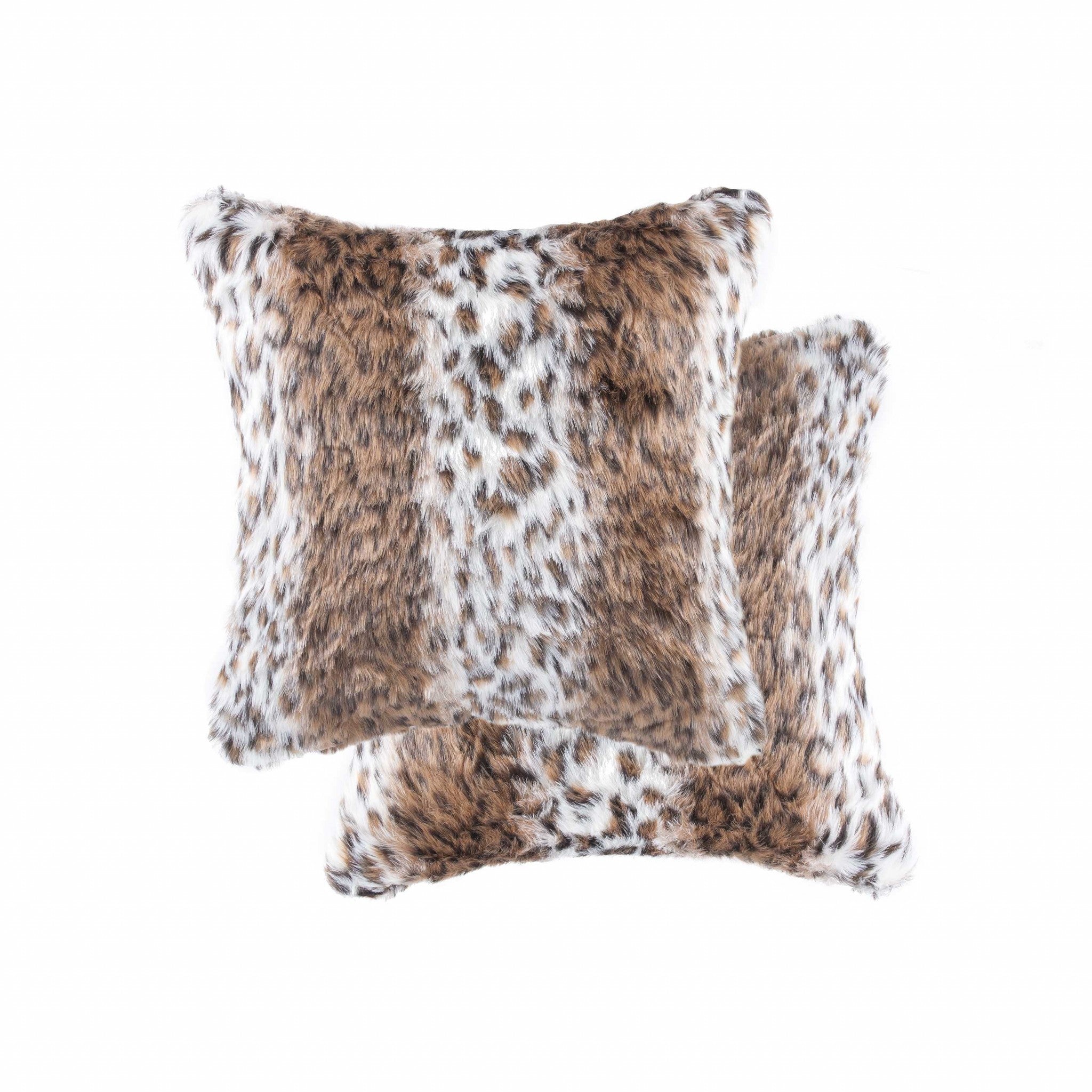Set of Two 18" Brown White And Black Faux Fur Throw Pillows-Accent Throw Pillows-DECOROLALA