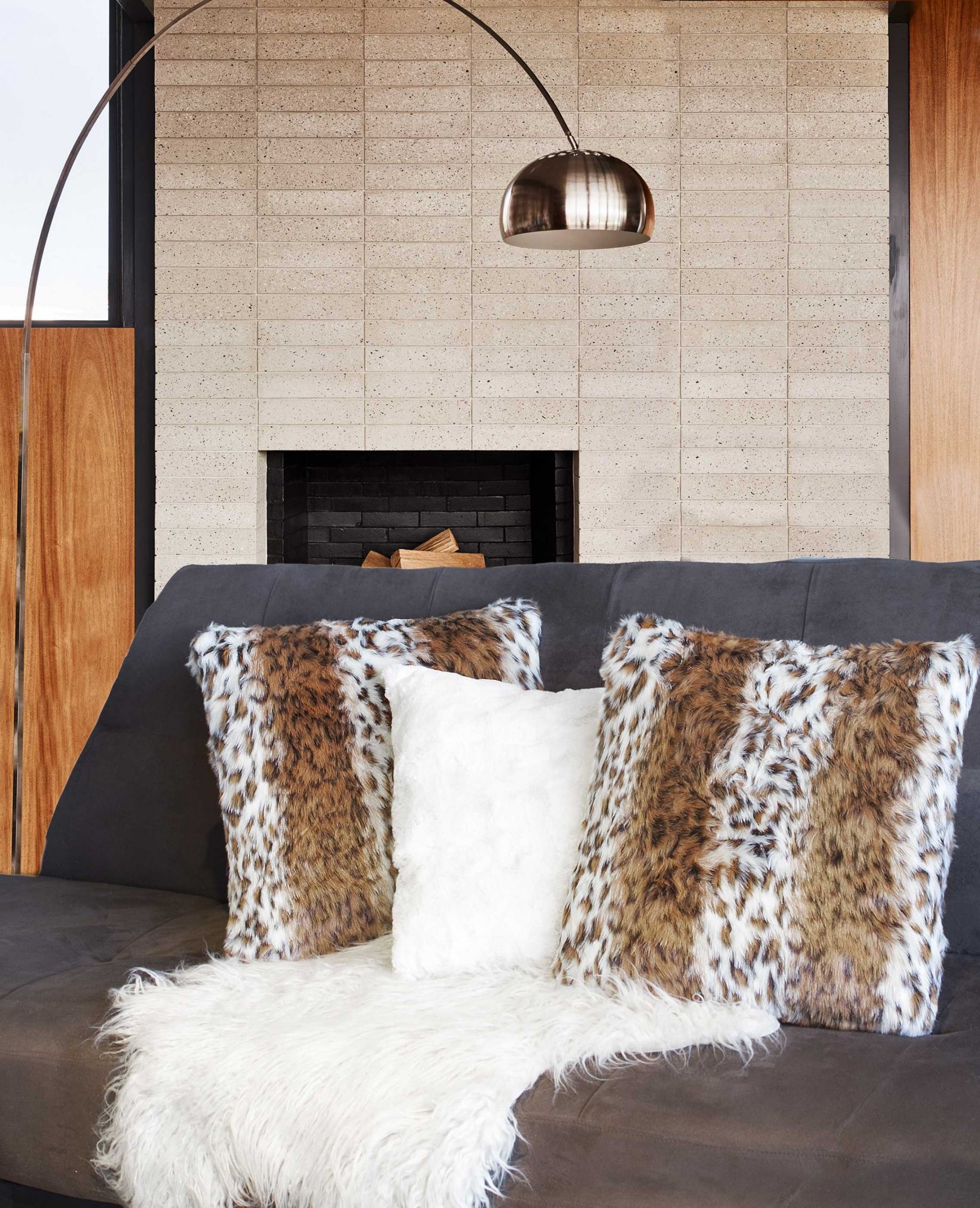 Set of Two 18" Brown White And Black Faux Fur Throw Pillows-Accent Throw Pillows-DECOROLALA