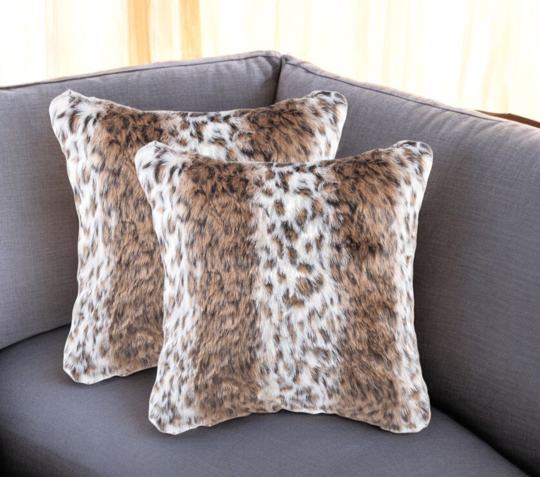 Set of Two 18" Brown White And Black Faux Fur Throw Pillows-Accent Throw Pillows-DECOROLALA