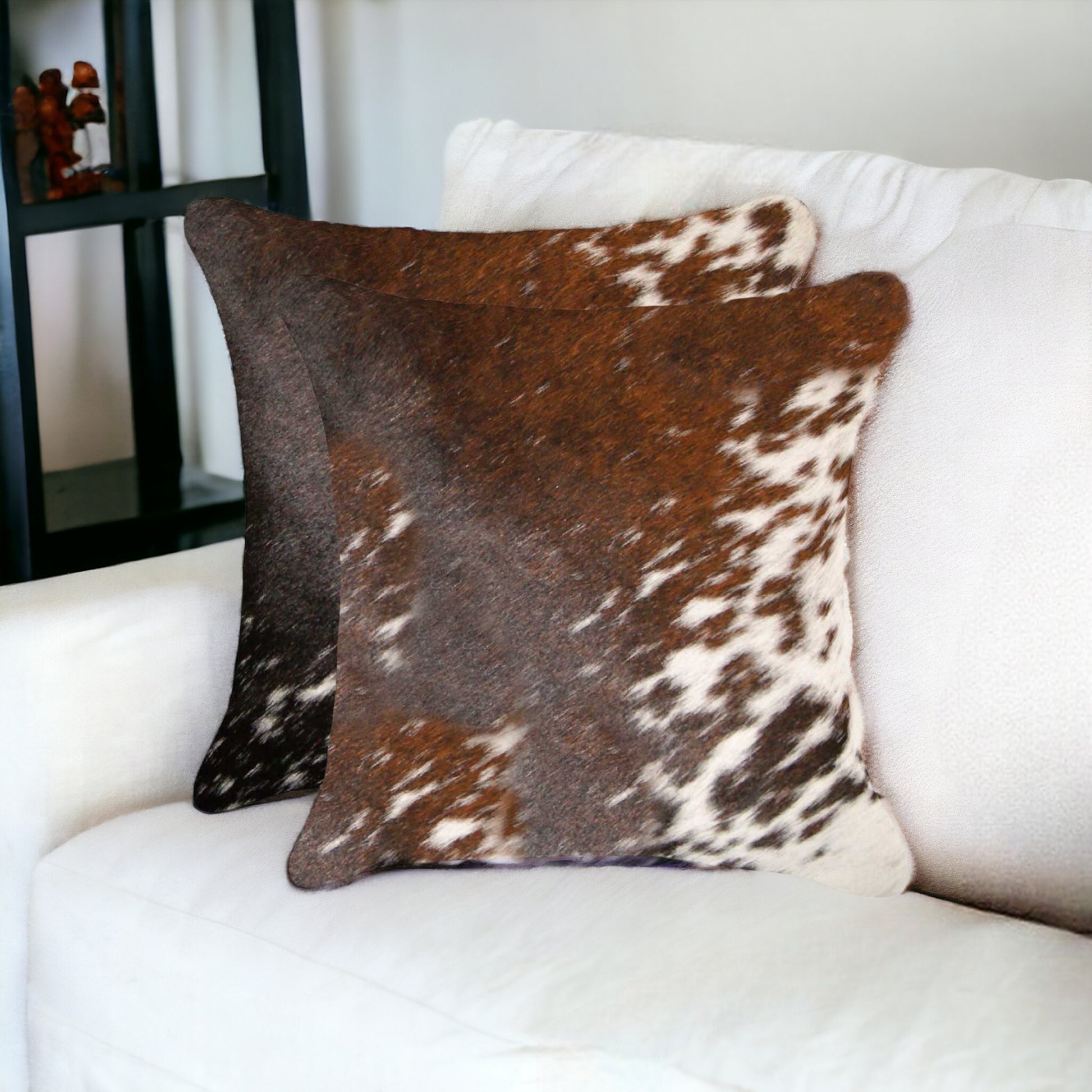 Set of Two 18" Brown and White Cowhide Throw Pillow-Accent Throw Pillows-DECOROLALA