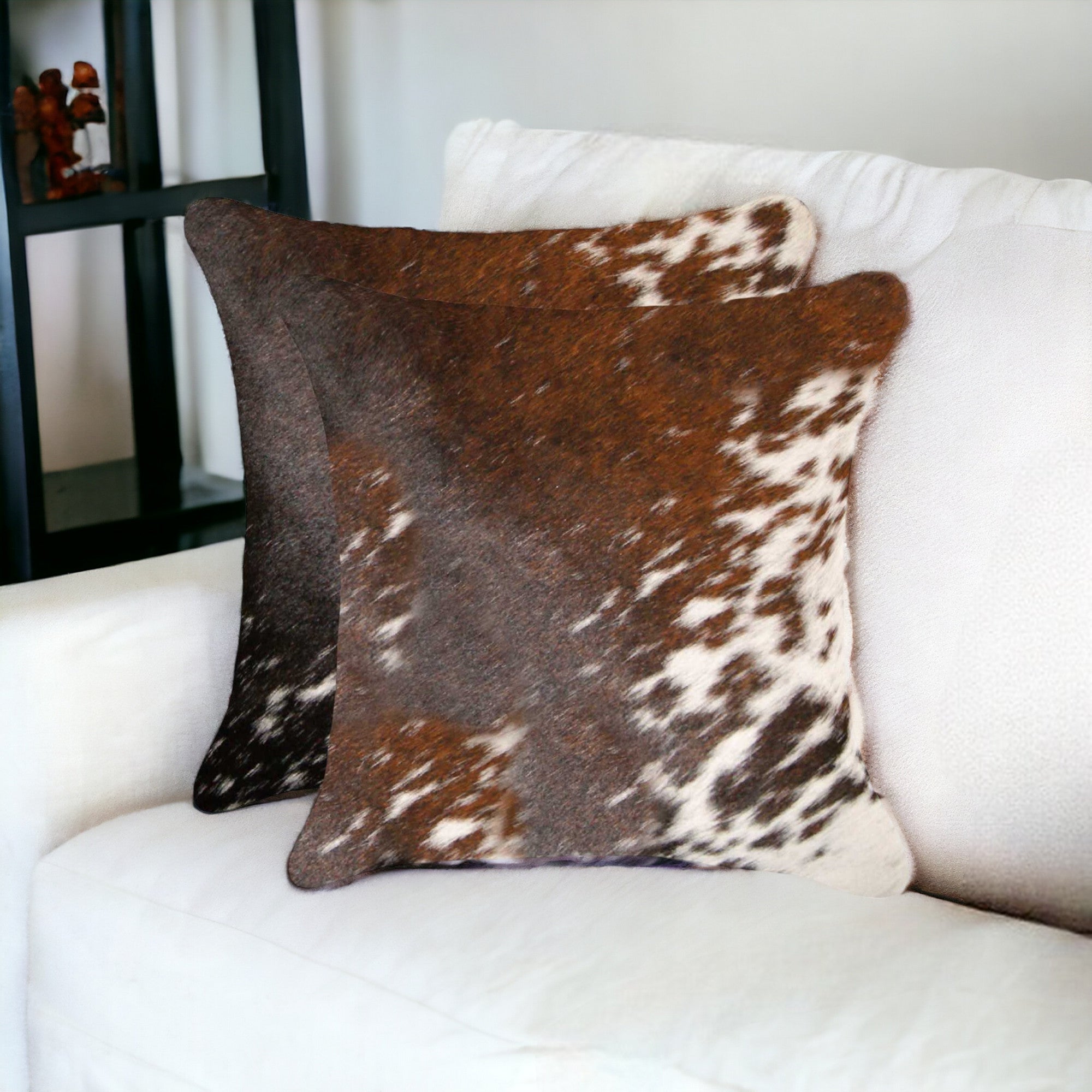 Set of Two 18" Brown and White Cowhide Throw Pillow-Accent Throw Pillows-DECOROLALA