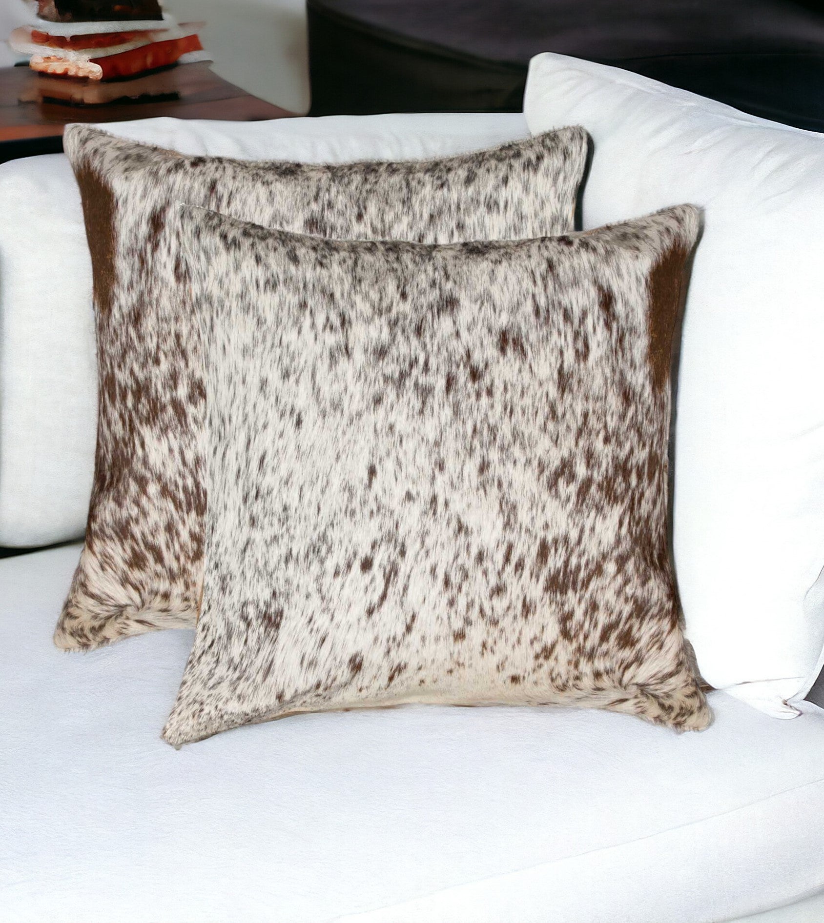 Set of Two 18" Brown and White Cowhide Throw Pillow-Accent Throw Pillows-DECOROLALA